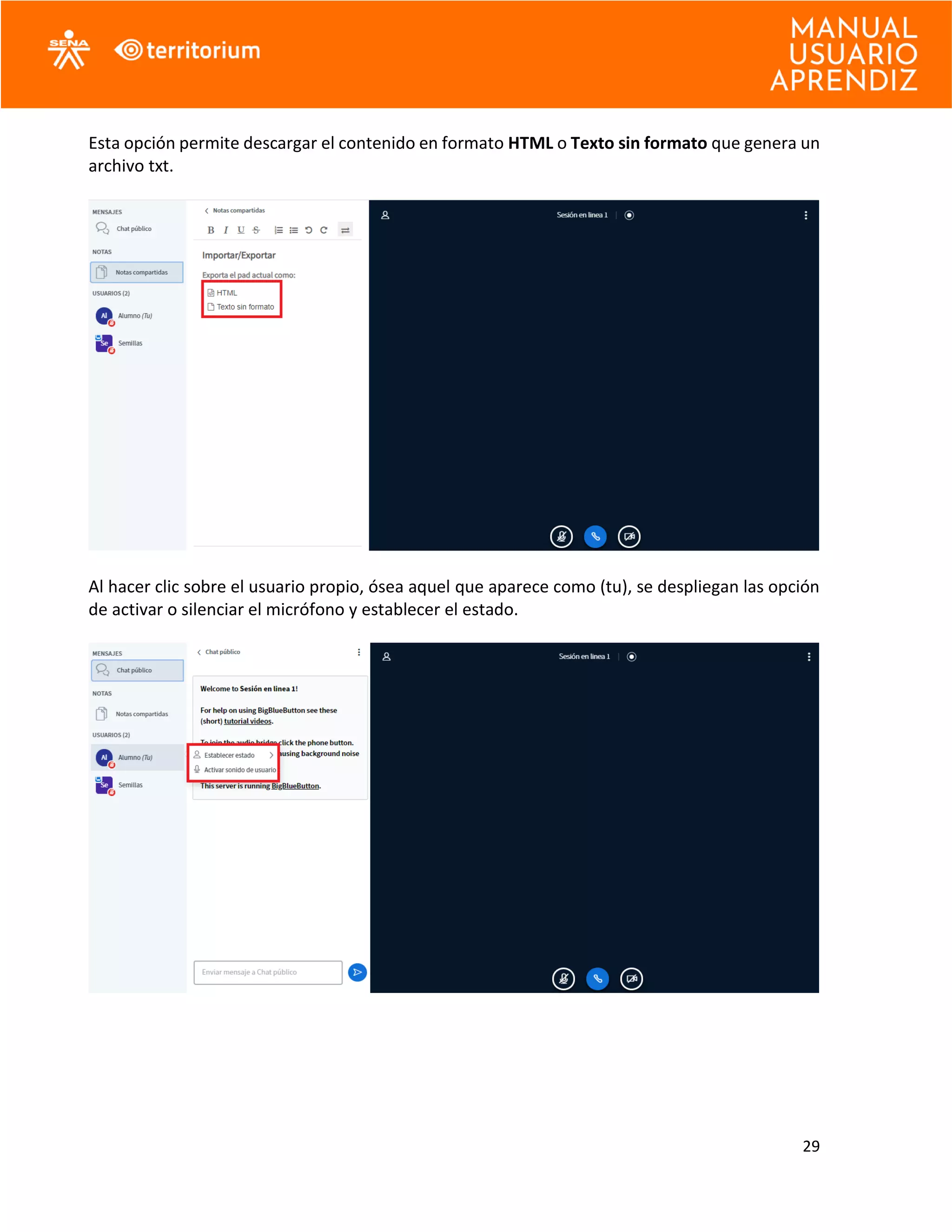29
Esta opción permite descargar el contenido en formato HTML o Texto sin formato que genera un
archivo txt.
Al hacer clic sobre el usuario propio, ósea aquel que aparece como (tu), se despliegan las opción
de activar o silenciar el micrófono y establecer el estado.
 