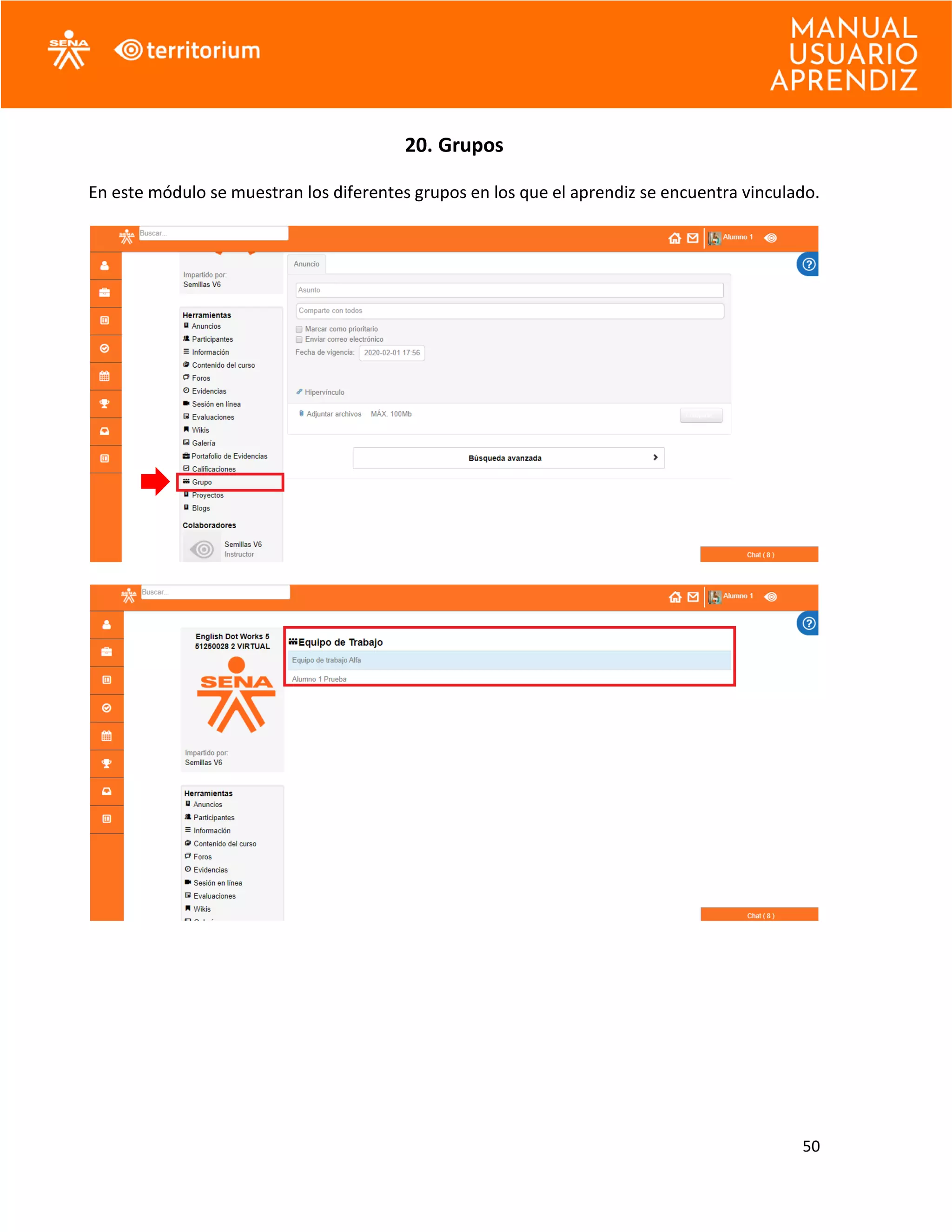50
20. Grupos
En este módulo se muestran los diferentes grupos en los que el aprendiz se encuentra vinculado.
 