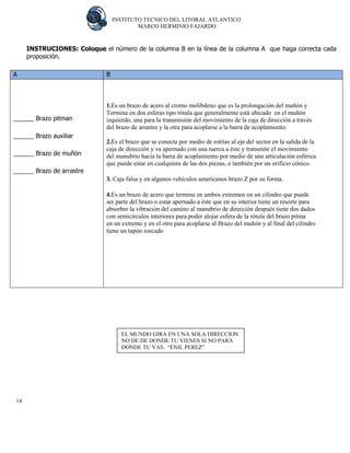INSTITUTO TECNICO DEL LITORAL ATLANTICO 
MARCO HERMINIO FAJARDO 
14 
INSTRUCIONES: Coloque el número de la columna B en la línea de la columna A que haga correcta cada proposición. 
A B 
______ Brazo pitman 
______ Brazo auxiliar 
______ Brazo de muñón 
______ Brazo de arrastre 
1.Es un brazo de acero al cromo molibdeno que es la prolongación del muñón y 
Termina en dos esferas tipo rótula que generalmente está ubicado en el muñón 
izquierdo, una para la transmisión del movimiento de la caja de dirección a través 
del brazo de arrastre y la otra para acoplarse a la barra de acoplamiento. 
2.Es el brazo que se conecta por medio de estrías al eje del sector en la salida de la 
caja de dirección y va apernado con una tuerca a éste y transmite el movimiento 
del manubrio hacia la barra de acoplamiento por medio de una articulación esférica 
que puede estar en cualquiera de las dos piezas, o también por un orificio cónico. 
3. Caja falsa y en algunos vehículos americanos brazo Z por su forma. 
4.Es un brazo de acero que termina en ambos extremos en un cilindro que puede 
ser parte del brazo o estar apernado a éste que en su interior tiene un resorte para 
absorber la vibración del camino al manubrio de dirección después tiene dos dados 
con semicírculos interiores para poder alojar esfera de la rótula del brazo pitma 
en un extremo y en el otro para acoplarse al Brazo del muñón y al final del cilindro 
tiene un tapón roscado 
EL MUNDO GIRA EN UNA SOLA DIRECCION NO DE DE DONDE TU VIENES SI NO PARA DONDE TU VAS. “ENIL PEREZ”  