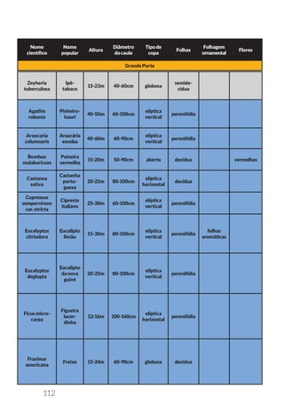 112
Nome
científico
Nome
popular
Altura
Diâmetro
docaule
Tipode
copa
Folhas
Folhagem
ornamental
Flores
GrandePorte
Zeyheria
tuberculosa
Ipê-
tabaco
15-23m 40-60cm globosa
semide-
cídua
Agathis
robusta
Pinheiro-
kauri
40-50m 60-100cm
elíptica
vertical
perenifólia
Araucaria
columnaris
Araucária
excelsa
40-60m 60-90cm
elíptica
vertical
perenifólia
Bombax
malabaricum
Paineira
vermelha
15-20m 50-90cm aberta decídua vermelhas
Castanea
sativa
Castanha
portu-
guesa
20-25m 80-100cm
elíptica
horizontal
decídua
Cupressus
sempervirens
var.stricta
Cipreste
italiano
25-30m 60-100cm
elíptica
vertical
perenifólia
Eucalyptus
citriodora
Eucalipto
limão
15-30m 80-100cm
elíptica
vertical
perenifólia
folhas
aromáticas
Eucalyptus
deglupta
Eucalipto
danova
guiné
20-25m 80-100cm
elíptica
vertical
perenifólia
Ficusmicro-
carpa
Figueira
lacer-
dinha
12-16m 100-160cm
elíptica
horizontal
perenifólia
Fraxinus
americana
Freixo 15-24m 60-90cm globosa decídua
 