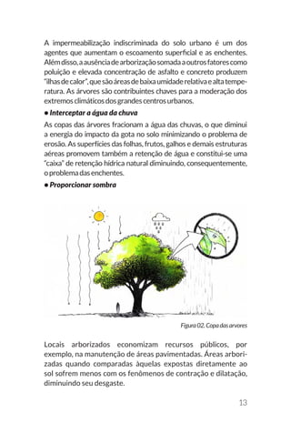 13
A impermeabilização indiscriminada do solo urbano é um dos
agentes que aumentam o escoamento superficial e as enchentes.
Alémdisso,aausênciadearborizaçãosomadaaoutrosfatorescomo
poluição e elevada concentração de asfalto e concreto produzem
“ilhasdecalor”,quesãoáreasdebaixaumidaderelativaealtatempe-
ratura. As árvores são contribuintes chaves para a moderação dos
extremosclimáticosdosgrandescentrosurbanos.
• Interceptar a água da chuva
As copas das árvores fracionam a água das chuvas, o que diminui
a energia do impacto da gota no solo minimizando o problema de
erosão. As superfícies das folhas, frutos, galhos e demais estruturas
aéreas promovem também a retenção de água e constitui-se uma
“caixa” de retenção hídrica natural diminuindo, consequentemente,
oproblemadasenchentes.
• Proporcionar sombra
Figura02.Copadasarvores
Locais arborizados economizam recursos públicos, por
exemplo, na manutenção de áreas pavimentadas. Áreas arbori-
zadas quando comparadas àquelas expostas diretamente ao
sol sofrem menos com os fenômenos de contração e dilatação,
diminuindo seu desgaste.
 