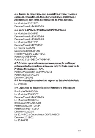 57
6.5. Termos de cooperação com a iniciativa privada, visando a
execução e manutenção de melhorias urbanas, ambientais e
paisagísticas, bem como a conservação de áreas públicas.
LeiMunicipal13.525/03
DecretoMunicipal45.850/05
6.6. Corte e a Poda de Vegetação de Porte Arbóreo
LeiMunicipal10.365/87
DecretoMunicipal26.535/88
DecretoMunicipal28.088/89
LeiMunicipal10.919/90
DecretoMunicipal29.586/91
LeiFederal9.605/98
DecretoFederal6.514/08
MedidaProvisória2.163-41/01
Portaria36/08-SVMA
Portaria03/11–DECONT-G/SVMA
6.7. Critérios e procedimentos para compensação ambiental
pelo manejo de exemplares arbóreos e interferência em Área de
Proteção Permanente – APP.
PortariaMunicipaln°58/SVMA/2013
Portaria62/SVMA.G/06
Decreto47.145/06
6.8. Recomposição da cobertura vegetal no Estado de São Paulo
Lei9.989/98
6.9. Legislação de assuntos diversos referente a arborização
ResoluçãoSMA08/08-
LeiMunicipal13.430/02
DecretoMunicipal45.904/05
LeiMunicipal13.885/04
Resolução124/CADES/08
Portaria1233/10–SVMA
Portaria154/19–SVMA
Decreto46.212/05,
Lei13.444/02eOficiocircularCOVISA01/05
Decreto42.211/02
Lei10.940/91
 