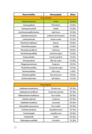 72
Patagonulaamericana Guajuvira 10-25m
Poecilantheparviflora Coraçãodenegro 15-25m
Samaneatubulosa Sete-casca 4-18m
Vochysiamagnífica Pau-de-tucano 14-24m
Zeyheriatuberculosa Ipê-tabaco 15-23m
Nomecientífico Nomepopular Altura
Fraxinusamericana Freixo 15-24m
Guareaguidonia Marinheiro 15-20m
Hymenaeacourbaril Jatobá 15-20m
Lonchocarpusguillemineanus Ingá-bravo 10-18m
Lophanteralactescens LofânteradaAmazonia 10-20m
Lueheadivaricata Açoita-cavalo 15-25m
Machaeriumstipitatum Sapuva 10-20m
Myrcianthespungens Guabiju 15-20m
Myroxylumperuiferum Cabreúva 10-20m
Nectandraoppositifolia canela-ferrugem 15-20m
Ocoteaodorifera Canela-sassafrás 15-25m
Ormosiaarborea Olho-de-cabra 15-20m
PorteGigante
Aspidospermapolyneuron Peroba-rosa 20-30m
Aspidospermaramiflorum Guatambuamarelo 20-30m
Balfourodendronriedelianum Pau-marfim 20-30m
Cabraleacanjerana Canjarana 20-30m
Calophyllumbrasiliensis Guanandi 20-30m
Calycophyllumspruceanum Pau-mulato 20-30m
Carinianaestrelensis Jequitibá-branco 35-45m
Carinianalegalis Jequitibá-rosa 30-50m
Cedrelafissilis Cedro 20-35m
Diatenopteryxsorbifolia Correieira 15-30m
PorteGrande
 
