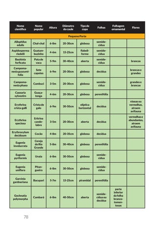78
Nome
científico
Nome
popular
Altura
Diâmetro
docaule
Tipode
copa
Folhas
Folhagem
ornamental
Flores
PequenoPorte
Allophilus
edulis
Chal-chal 6-8m 20-30cm globosa
semide-
cídua
Aspidosperma
riedelii
Guatam-
buzinho
4-6m 15-25cm
flabeli-
forme
semide-
cídua
Bauhinia
forficata
Patade
vaca
5-9m 30-40cm aberta
semide-
cídua
brancas
Campoma-
nesiaguazumi-
folia
Sete
capotes
6-9m 20-30cm globosa decídua
brancase
grandes
Campoma-
nesiaphaea
Cambuci 3-5m 20-30cm globosa
semide-
cídua
grandese
brancas
Casearia
sylvestirs
Guaça-
tonga
4-6m 20-30cm globosa perenifólia
Erythrina
crista-galli
Cristade
galo
6-9m 30-50cm
elíptica
horizontal
decídua
róseasou
vermelhas,
atraem
avifauna
Erythrina
speciosa
Eritrina
cande-
labro
3-5m 20-30cm aberta decídua
vermelhase
abundantes,
atraem
avifauna
Erythroxylum
deciduum
Cocão 4-8m 20-35cm globosa decídua
Eugenia
involucrata
Cereja
doRio
Grande
5-8m 30-40cm globosa perenifólia
Eugenia
pyriformis
Uvaia 6-8m 30-50cm globosa
semide-
cídua
Eugenia
uniflora
Pitan-
gueira
6-8m 30-50cm globosa
semide-
cídua
Garcinia
gardneriana
Bacupari 5-7m 15-25cm piramidal perenifólia
Gochnatia
polymorpha
Cambará 6-8m 40-50cm aberta
semide-
cíduaou
decídua
parte
inferior
dafolha
branco-
tomen-
tosas
 