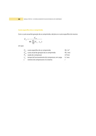 MANUAL PRÁTICO - EFICIÊNCIA ENERGÉTICA EM SISTEMAS DE AR COMPRIMIDO80
Custo específico do ar comprimido
Com o custo anual de geração de ar comprimido, calcula-se o custo específico do mesmo:
∑=
= c
i
cccc
aa
ar
ii
tV
C
C
1
).(.60
em que:
arC custo específico do ar comprimido R$ / m³
aaC custo anual de geração do ar comprimido R$ / ano
ccV vazão do compressor m³/min
cct tempo de funcionamento do compressor, em carga h / ano
c número de compressores no sistema /
 