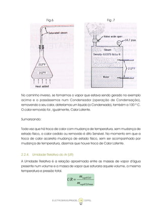 ELETROBRÁS/PROCEL CEPEL14
Fig.6 Fig .7
No caminho inverso, se tomarmos o vapor que estava sendo gerado no exemplo
acima e o passássemos num Condensador (operação de Condensação),
removendo o seu calor, obteríamos um liquido (o Condensado), também a 100 º C.
O calor removido foi , igualmente, Calor Latente.
Sumarizando:
Toda vez que há troca de calor com mudança de temperatura, sem mudança de
estado físico, o calor cedido ou removido é dito Sensível. No momento em que a
troca de calor acarreta mudança de estado físico, sem ser acompanhado por
mudança de temperatura, dizemos que houve troca de Calor Latente.
2.2.4. Umidade Relativa do Ar (UR)
A Umidade Relativa é a relação aproximada entre as massas de vapor d’água
presente num volume e a massa de vapor que saturaria aquele volume, a mesma
temperatura e pressão total.
max2
2
OvapH
OvapH
m
m
UR =
 