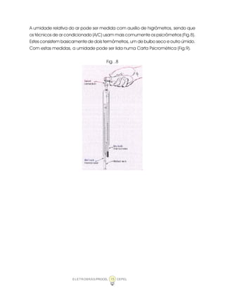 ELETROBRÁS/PROCEL CEPEL15
A umidade relativa do ar pode ser medida com auxílio de higrômetros, sendo que
os técnicos de ar condicionado (A/C) usam mais comumente os psicrômetros (Fig.8).
Estes consistem basicamente de dois termômetros, um de bulbo seco e outro úmido.
Com estas medidas, a umidade pode ser lida numa Carta Psicrométrica (Fig.9).
Fig. .8
 
