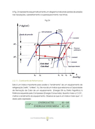 ELETROBRÁS/PROCEL CEPEL30
A Fig. 24 representa esquematicamente um diagrama indicando perdas de pressão
nas tubulações, subresfriamento e superaquecimento nas linhas.
Fig.24
2.2.11. Coeficiente de Performance
Este é um índice importante para avaliar o “rendimento” de um equipamento de
refrigeração (“selfs”, “chillers”, Tc). Ele nos dá um índice que relaciona a Capacidade
de Remoção de Calor de um equipamento (Energia Útil ou Efeito Frigorífico) à
Potência requerida pelo Compressor (Energia Consumida). Quanto maior o C.O.P. ,
melhor o rendimento do equipamento. Observe-se que é um índice maior que 1. É
dado pela expressão:
12
41
hh
hh
SUMIDAENERGIACON
LENERGIAÚTI
COP
−
−
==
 