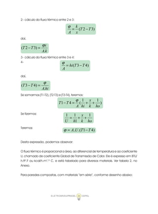 ELETROBRÁS/PROCEL CEPEL36
2- cálculo do fluxo térmico entre 2 e 3:
daí,
3- cálculo do fluxo térmico entre 3 e 4:
4-
daí,
Se somarmos (T1-T2), (T2-T3) e (T3-T4), teremos:
Se fizermos:
Teremos:
Desta expressão, podemos observar:
O fluxo térmico é proporcional a área, ao diferencial de temperatura e ao coeficiente
U, chamado de coeficiente Global de Transmissão de Calor. Ele é expresso em BTU/
h.ft2
.F ou kcal/h.m2
.º C, e está tabelado para diversos materiais. Ver tabela 2, no
Anexo.
Para paredes compostas, com materiais “em série”, conforme desenho abaixo:
)32( TT
x
k
A
−=
ϕ
kA
x
TT
.
)32(
ϕ
=−
)43( TThi
A
−=
ϕ
hiA
TT
.
)43(
ϕ
=−
)
11
(41
hok
x
hiA
TT ++=−
ϕ
hok
x
hU
1
1
11
++=
)41.(.. TTUA −=ϕ
 