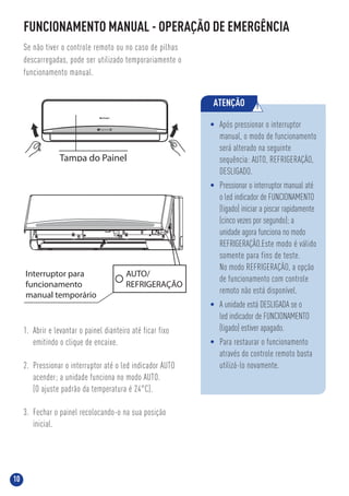 10
FUNCIONAMENTO MANUAL - OPERAÇÃO DE EMERGÊNCIA
Se não tiver o controle remoto ou no caso de pilhas
descarregadas, pode ser utilizado temporariamente o
funcionamento manual.
1. Abrir e levantar o painel dianteiro até ficar fixo
emitindo o clique de encaixe.
2. Pressionar o interruptor até o led indicador AUTO
acender; a unidade funciona no modo AUTO.
(O ajuste padrão da temperatura é 24°C).
3. Fechar o painel recolocando-o na sua posição
inicial.
ATENÇÃO !
• Após pressionar o interruptor
manual, o modo de funcionamento
será alterado na seguinte
sequência: AUTO, REFRIGERAÇÃO,
DESLIGADO.
• Pressionar o interruptor manual até
o led indicador de FUNCIONAMENTO
(ligado) iniciar a piscar rapidamente
(cinco vezes por segundo); a
unidade agora funciona no modo
REFRIGERAÇÃO.Este modo é válido
somente para fins de teste.
No modo REFRIGERAÇÃO, a opção
de funcionamento com controle
remoto não está disponível.
• A unidade está DESLIGADA se o
led indicador de FUNCIONAMENTO
(ligado) estiver apagado.
• Para restaurar o funcionamento
através do controle remoto basta
utilizá-lo novamente.
Tampa do Painel
auto defrost run timer
AUTO/
REFRIGERAÇÃO
Interruptor para
funcionamento
manual temporário
 