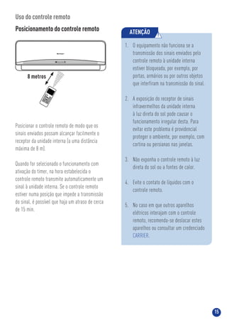 15
Uso do controle remoto
Posicionamento do controle remoto
Posicionar o controle remoto de modo que os
sinais enviados possam alcançar facilmente o
receptor da unidade interna (a uma distância
máxima de 8 m).
Quando for selecionado o funcionamento com
ativação do timer, na hora estabelecida o
controle remoto transmite automaticamente um
sinal à unidade interna. Se o controle remoto
estiver numa posição que impede a transmissão
do sinal, é possível que haja um atraso de cerca
de 15 min.
auto defrost run timer
ON
/OF
F
MO
DE
FAN
TE
MP
SHO
RTCUT
TIME
R ON
TIME
R OFF
SLE
EP
SWI
NG
DIRE
CT
LED
TUR
BO
8 metros
ATENÇÃO !
1. O equipamento não funciona se a
transmissão dos sinais enviados pelo
controle remoto à unidade interna
estiver bloqueada, por exemplo, por
portas, armários ou por outros objetos
que interfiram na transmissão do sinal.
2. A exposição do receptor de sinais
infravermelhos da unidade interna
à luz direta do sol pode causar o
funcionamento irregular desta. Para
evitar este problema é providencial
proteger o ambiente, por exemplo, com
cortina ou persianas nas janelas.
3. Não exponha o controle remoto à luz
direta do sol ou a fontes de calor.
4. Evite o contato de líquidos com o
controle remoto.
5. No caso em que outros aparelhos
elétricos interajam com o controle
remoto, recomenda-se deslocar estes
aparelhos ou consultar um credenciado
CARRIER.
 
