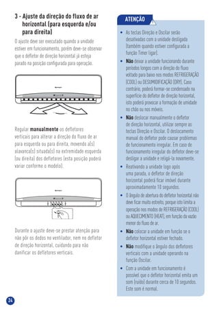 24
ATENÇÃO !
• As teclas Direção e Oscilar serão
desativadas com a unidade desligada
(também quando estiver conﬁgurada a
função Timer ligar).
• Não deixar a unidade funcionando durante
períodos longos com a direção do ﬂuxo
voltado para baixo nos modos REFRIGERAÇÃO
(COOL) ou DESUMIDIFICAÇÃO (DRY). Caso
contrário, poderá formar-se condensado na
superfície do deﬂetor de direção horizontal,
isto poderá provocar a formação de umidade
no chão ou nos móveis.
• Não deslocar manualmente o deﬂetor
de direção horizontal, utilizar sempre as
teclas Direção e Oscilar. O deslocamento
manual do deﬂetor pode causar problemas
de funcionamento irregular. Em caso de
funcionamento irregular do deﬂetor deve-se
desligar a unidade e religá-la novamente.
• Reativando a unidade logo após
uma parada, o deﬂetor de direção
horizontal poderá ﬁcar imóvel durante
aproximadamente 10 segundos.
• O ângulo de abertura do deﬂetor horizontal não
deve ﬁcar muito estreito, porque isto limita a
operação nos modos de REFRIGERAÇÃO (COOL)
ou AQUECIMENTO (HEAT), em função da vazão
menor do ﬂuxo de ar.
• Não colocar a unidade em função se o
deﬂetor horizontal estiver fechado.
• Não modiﬁque o ângulo dos deﬂetores
verticais com a unidade operando na
função Oscilar.
• Com a unidade em funcionamento é
possível que o deﬂetor horizontal emita um
som (ruído) durante cerca de 10 segundos.
Este som é normal.
3 - Ajuste da direção do fluxo de ar
horizontal (para esquerda e/ou
para direita)
O ajuste deve ser executado quando a unidade
estiver em funcionamento, porém deve-se observar
que o deﬂetor de direção horizontal já esteja
parado na posição conﬁgurada para operação.
Durante o ajuste deve-se prestar atenção para
não pôr os dedos no ventilador, nem no defletor
de direção horizontal, cuidando para não
danificar os defletores verticais.
Regular manualmente os defletores
verticais para alterar a direção do fluxo de ar
para esquerda ou para direita, movendo a(s)
alavanca(s) situada(s) na extremidade esquerda
(ou direita) dos defletores (esta posição poderá
variar conforme o modelo).
auto defrost run timer
auto defrost run timer
 