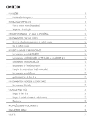 CONTEÚDO
PRECAUÇÕES 5
Considerações de segurança 5
DESCRIÇÃO DOS COMPONENTES 8
Visor da unidade interna (evaporadora) 9
Temperatura de utilização 9
FUNCIONAMENTO MANUAL - OPERAÇÃO DE EMERGÊNCIA 10
FUNCIONAMENTO DO CONTROLE REMOTO 12
Descrição e funções dos indicadores do controle remoto 14
Uso do controle remoto 15
OPERAÇÃO DA UNIDADE DE AR-CONDICIONADO 16
Funcionamento no modo AUTOMÁTICO 16
Funcionamento em REFRIGERAÇÃO, em VENTILAÇÃO ou em AQUECIMENTO 17
Funcionamento em DESUMIDIFICAÇÃO 18
Funcionamento do Timer (temporizador) 19
Exemplos de conﬁguração do Timer(temporizador) 20
Funcionamento no modo Dormir 22
Ajuste das direções do ﬂuxo de ar 23
FUNCIONAMENTO DA UNIDADE DE AR-CONDICIONADO 25
Funcionamento Otimizado 25
CUIDADOS E MANUTENÇÃO 26
Limpeza do ﬁltro de ar 26
Limpeza da unidade interna e do controle remoto 27
Manutenção 28
INFORMAÇÕES SOBRE O FUNCIONAMENTO 28
LOCALIZAÇÃO DE AVARIAS 30
GARANTIA 31
 