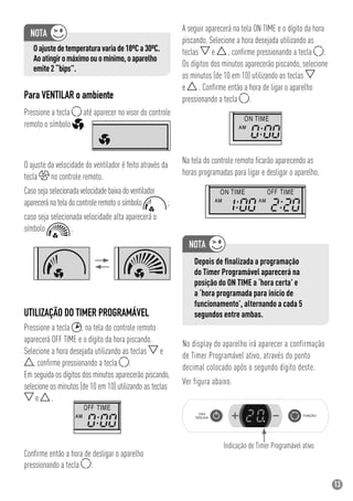 13
UTILIZAÇÃO DO TIMER PROGRAMÁVEL
Pressione a tecla , na tela do controle remoto
aparecerá OFF TIME e o dígito da hora piscando.
Selecione a hora desejada utilizando as teclas e
, conﬁrme pressionando a tecla .
Em seguida os dígitos dos minutos aparecerão piscando,
selecione os minutos (de 10 em 10) utilizando as teclas
e .
Conﬁrme então a hora de desligar o aparelho
pressionando a tecla .
A seguir aparecerá na tela ON TIME e o dígito da hora
piscando. Selecione a hora desejada utilizando as
teclas e , conﬁrme pressionando a tecla .
Os dígitos dos minutos aparecerão piscando, selecione
os minutos (de 10 em 10) utilizando as teclas
e . Conﬁrme então a hora de ligar o aparelho
pressionando a tecla .
Na tela do controle remoto ﬁcarão aparecendo as
horas programadas para ligar e desligar o aparelho.
Depois de ﬁnalizada a programação
do Timer Programável aparecerá na
posição do ON TIME a ‘hora certa’ e
a ‘hora programada para início de
funcionamento’, alternando a cada 5
segundos entre ambas.
Indicação de Timer Programável ativo
No display do aparelho irá aparecer a confirmação
de Timer Programável ativo, através do ponto
decimal colocado após o segundo dígito deste.
Ver figura abaixo.
Oajustedetemperaturavariade18ºCa30ºC.
Aoatingiromáximoouomínimo,oaparelho
emite2“bips”.
Para VENTILAR o ambiente
Pressione a tecla até aparecer no visor do controle
remoto o símbolo .
O ajuste da velocidade do ventilador é feito através da
tecla no controle remoto.
Caso seja selecionada velocidade baixa do ventilador
aparecerá na tela do controle remoto o símbolo ;
caso seja selecionada velocidade alta aparecerá o
símbolo .
 