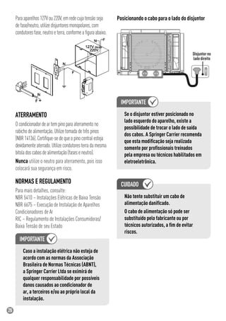 26
Para aparelhos 127V ou 220V, em rede cuja tensão seja
de fase/neutro, utilize disjuntores monopolares, com
condutores fase, neutro e terra, conforme a ﬁgura abaixo.
ATERRAMENTO
O condicionador de ar tem pino para aterramento no
rabicho de alimentação. Utilize tomada de três pinos
(NBR 14136). Certiﬁque-se de que o pino central esteja
devidamente aterrado. Utilize condutores terra da mesma
bitola dos cabos de alimentação (fases e neutro).
Nunca utilize o neutro para aterramento, pois isso
colocará sua segurança em risco.
Caso a instalação elétrica não esteja de
acordo com as normas da Associação
Brasileira de Normas Técnicas (ABNT),
a Springer Carrier Ltda se eximirá de
qualquer responsabilidade por possíveis
danos causados ao condicionador de
ar, a terceiros e/ou ao próprio local da
instalação.
NORMAS E REGULAMENTO
Para mais detalhes, consulte:
NBR 5410 – Instalações Elétricas de Baixa Tensão
NBR 6675 – Execução de Instalação de Aparelhos
Condicionadores de Ar
RIC – Regulamento de Instalações Consumidoras/
Baixa Tensão de seu Estado
Posicionando o cabo para o lado do disjuntor
Se o disjuntor estiver posicionado no
lado esquerdo do aparelho, existe a
possibilidade de trocar o lado de saída
dos cabos. A Springer Carrier recomenda
que esta modiﬁcação seja realizada
somente por proﬁssionais treinados
pela empresa ou técnicos habilitados em
eletroeletrônica.
CUIDADO
Não tente substituir um cabo de
alimentação daniﬁcado.
O cabo de alimentação só pode ser
substituído pelo fabricante ou por
técnicos autorizados, a ﬁm de evitar
riscos.
 