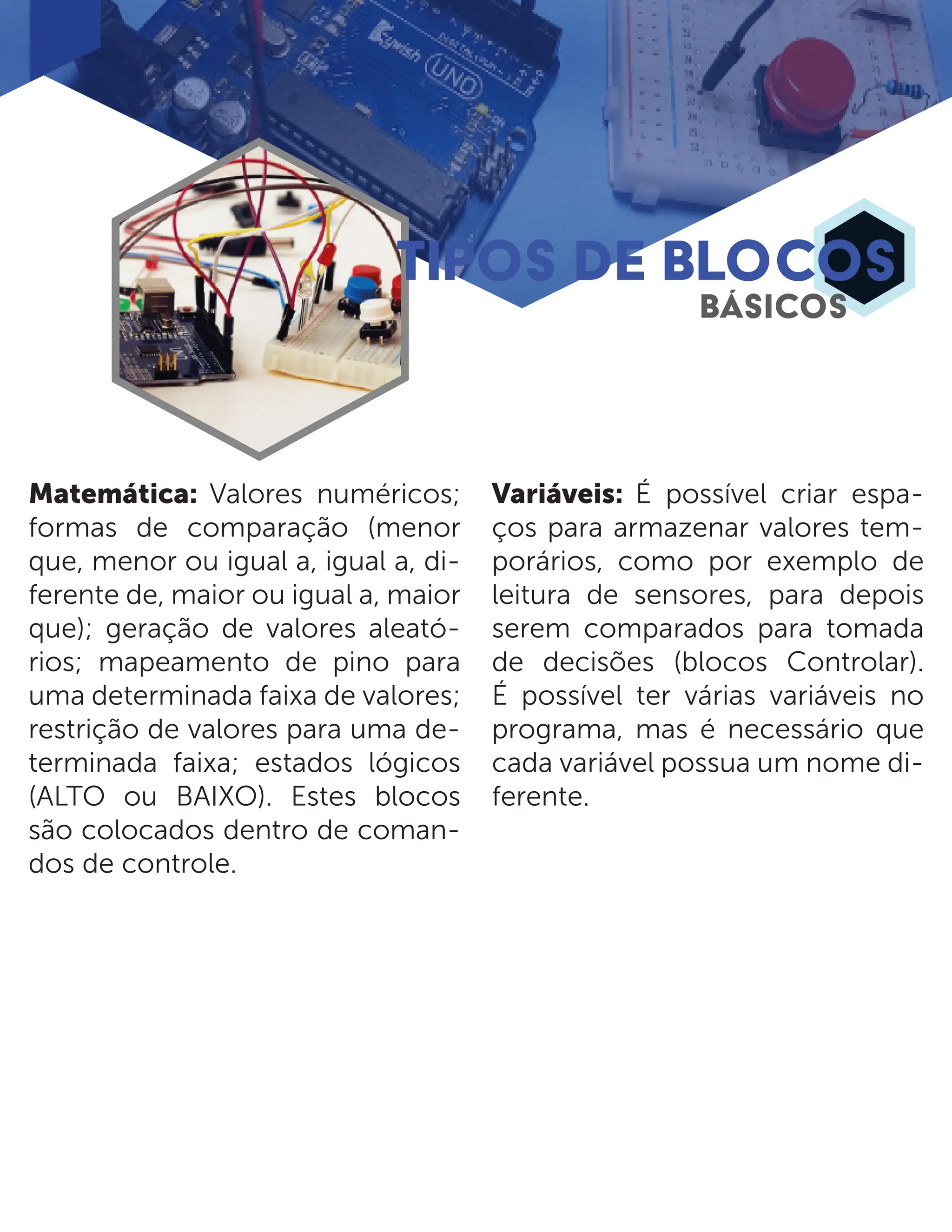 TIPOS DE BLOCOS BÁSICOS Matemática: Valores numéricos; formas de comparação (menor que, menor ou igual a, igual a, di- ferente de, maior ou igual a, maior que); geração de valores aleató- rios; mapeamento de pino para uma determinada faixa de valores; restrição de valores para uma de- terminada faixa; estados lógicos (ALTO ou BAIXO). Estes blocos são colocados dentro de coman- dos de controle. Variáveis: É possível criar espa- ços para armazenar valores tem- porários, como por exemplo de leitura de sensores, para depois serem comparados para tomada de decisões (blocos Controlar). É possível ter várias variáveis no programa, mas é necessário que cada variável possua um nome di- ferente. 