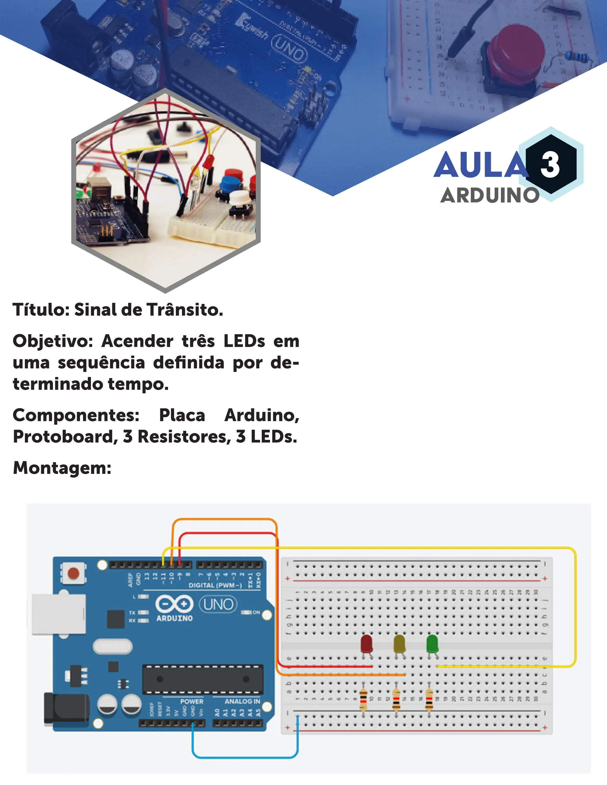 AULA 3 ARDUINO Título: Sinal de Trânsito. Objetivo: Acender três LEDs em uma sequência definida por de- terminado tempo. Componentes: Placa Arduino, Protoboard, 3 Resistores, 3 LEDs. Montagem: 