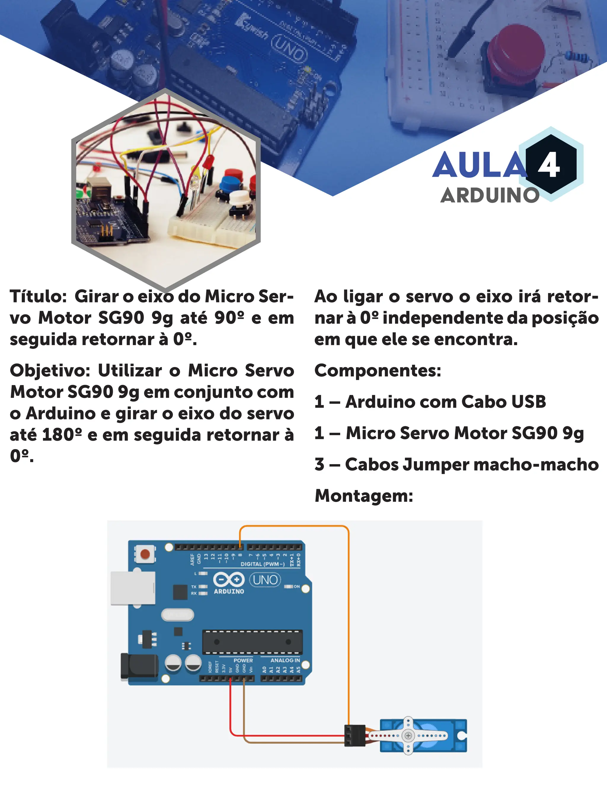AULA 4 ARDUINO Título: Girar o eixo do Micro Ser- vo Motor SG90 9g até 90º e em seguida retornar à 0º. Objetivo: Utilizar o Micro Servo Motor SG90 9g em conjunto com o Arduino e girar o eixo do servo até 180º e em seguida retornar à 0º. Ao ligar o servo o eixo irá retor- nar à 0º independente da posição em que ele se encontra. Componentes: 1 – Arduino com Cabo USB 1 – Micro Servo Motor SG90 9g 3 – Cabos Jumper macho-macho Montagem: 