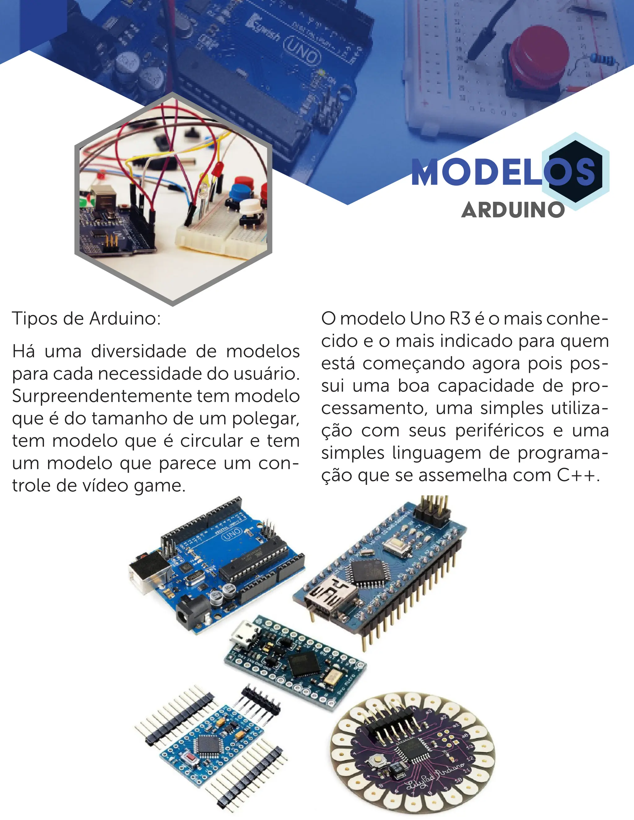 Tipos de Arduino: Há uma diversidade de modelos para cada necessidade do usuário. Surpreendentemente tem modelo que é do tamanho de um polegar, tem modelo que é circular e tem um modelo que parece um con- trole de vídeo game. O modelo Uno R3 é o mais conhe- cido e o mais indicado para quem está começando agora pois pos- sui uma boa capacidade de pro- cessamento, uma simples utiliza- ção com seus periféricos e uma simples linguagem de programa- ção que se assemelha com C++. MODELOS ARDUINO 