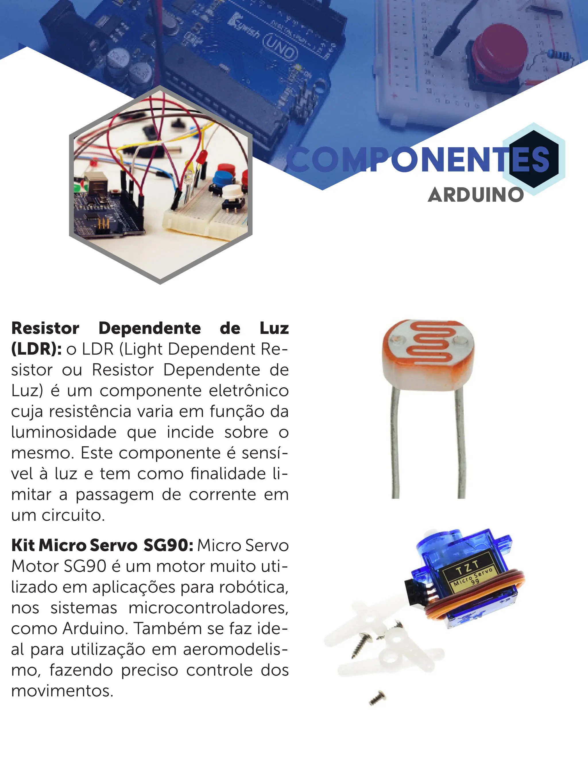 Resistor Dependente de Luz (LDR): o LDR (Light Dependent Re- sistor ou Resistor Dependente de Luz) é um componente eletrônico cuja resistência varia em função da luminosidade que incide sobre o mesmo. Este componente é sensí- vel à luz e tem como finalidade li- mitar a passagem de corrente em um circuito. Kit Micro Servo SG90: Micro Servo Motor SG90 é um motor muito uti- lizado em aplicações para robótica, nos sistemas microcontroladores, como Arduino. Também se faz ide- al para utilização em aeromodelis- mo, fazendo preciso controle dos movimentos. COMPONENTES ARDUINO 