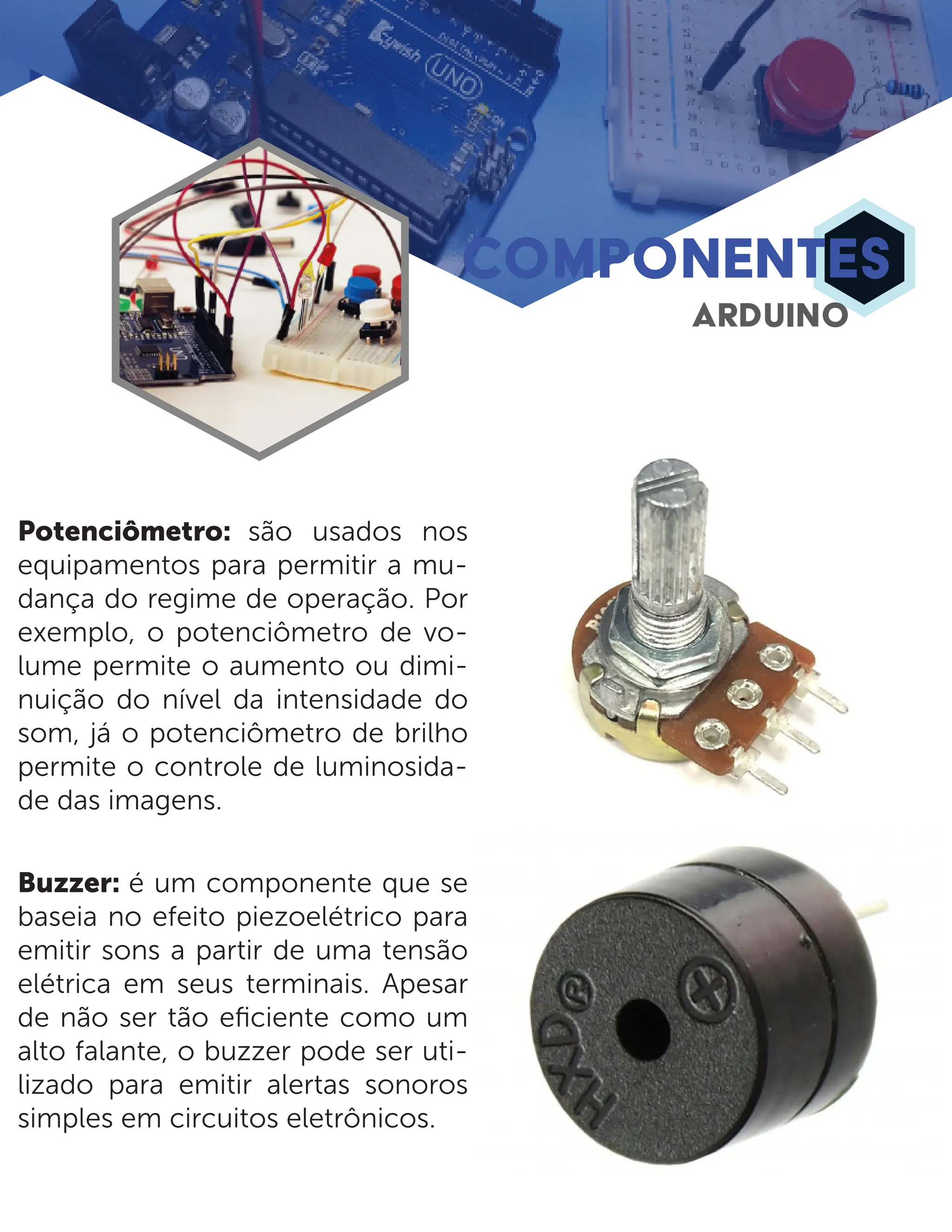 Potenciômetro: são usados nos equipamentos para permitir a mu- dança do regime de operação. Por exemplo, o potenciômetro de vo- lume permite o aumento ou dimi- nuição do nível da intensidade do som, já o potenciômetro de brilho permite o controle de luminosida- de das imagens. Buzzer: é um componente que se baseia no efeito piezoelétrico para emitir sons a partir de uma tensão elétrica em seus terminais. Apesar de não ser tão eficiente como um alto falante, o buzzer pode ser uti- lizado para emitir alertas sonoros simples em circuitos eletrônicos. COMPONENTES ARDUINO 