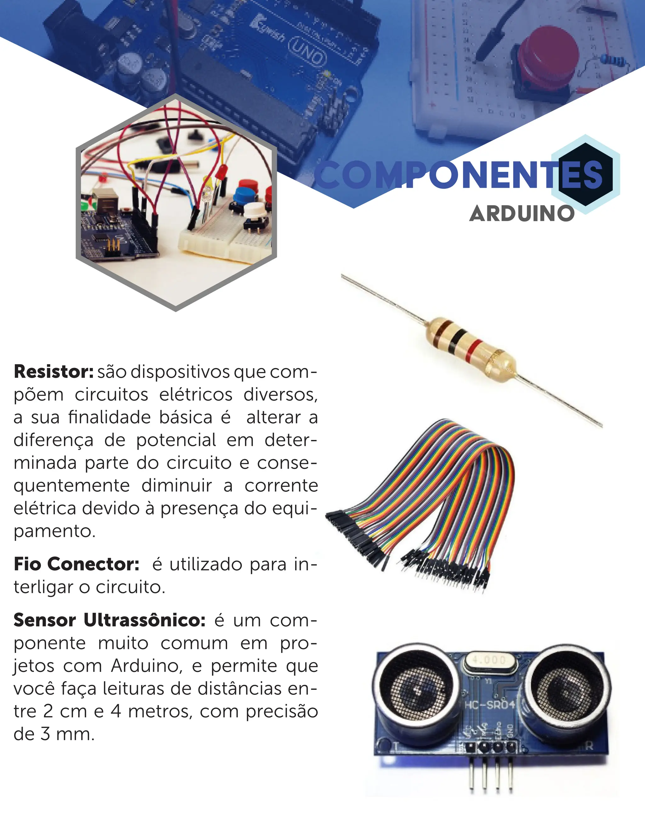 COMPONENTES ARDUINO Resistor:são dispositivos que com- põem circuitos elétricos diversos, a sua finalidade básica é alterar a diferença de potencial em deter- minada parte do circuito e conse- quentemente diminuir a corrente elétrica devido à presença do equi- pamento. Fio Conector: é utilizado para in- terligar o circuito. Sensor Ultrassônico: é um com- ponente muito comum em pro- jetos com Arduino, e permite que você faça leituras de distâncias en- tre 2 cm e 4 metros, com precisão de 3 mm. 