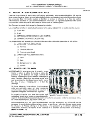 MP 3 - 12
CURSO DE BOMBERO DE AEROPUERTO (BA)
RESCATE EN AERONAVES Y COMBATE DE INCENDIOS - ARFF
LECCION 2: FAMILIARIZACION CON LAS AERONAVES
Rev. MGV Noviembre/2008
APUNTES
3.2. PARTES DE UN AERONAVE DE ALA FIJA.
Para que los Bomberos de Aeropuerto conozcan las aeronaves y las posibles emergencias con las que
tienen que enfrentarse, deben conocer la terminología de los principales componentes de construcción de
las aeronaves. Esa información ayudará al bombero a evaluar la situación a la hora de realizar
actuaciones de rescate o de lucha contraincendios en aeronaves. Los siguientes apartados tratan sobre
los principales partes tanto de las aeronaves de ala fija como de los helicópteros.
Una Aeronave se puede dividir en partes fijas y partes móviles.
Las partes fijas constituyen la estructura básica del avión y a su vez se divide en cuatro grandes grupos:
(a). FUSELAJE
(b). ALAS
(c). ESTABILIZADORES HORIZONTALES (H/STAB)
(d). ESTABILIZADOR VERTICAL (V/STAB)
Las partes móviles son aquellas que permiten que el avión sea controlable y se divide en dos grupos:
(a). MANDOS DE VUELO PRIMARIOS:
(1) Alerones
(2) Timón de dirección.
(3) Timón de profundidad.
(b). MANDOS DE VUELO SECUNDARIOS:
(1) Flaps
(2) Slats
(3) Compensadores o tabs
(4) Spoilers
3.2.1. PARTES FIJAS DEL AVIÓN.
(a). FUSELAJE. Es la parte principal de un avión; en su
interior se sitúan la cabina de mando, la cabina de
pasajeros y las bodegas de carga, además de
diversos sistemas y equipos que sirven para dirigir el
avión. También, sirve como estructura central a la
cual se acoplan las demás partes del avión, como
las alas, el grupo motopropulsor o el tren de
aterrizaje.
Su forma obedece a una solución de compromiso
entre una geometría suave con poca resistencia
aerodinámica y ciertas necesidades de volumen o
capacidad para poder cumplir con sus objetivos.
En un avión comercial, gran parte del volumen está
dedicado a la cabina de pasajeros, cuya disposición
depende de diversos factores como la duración del vuelo, los servicios a bordo, los accesos al avión,
las salidas de emergencia, tripulación auxiliar, etc.
Aproximadamente el 85 por ciento del fuselaje está fabricado en aluminio. En función del tipo de
aeronave, el revestimiento metálico varía en grosor, ya que forma y cubre las diversas secciones de
la estructura. El fuselaje alberga a la tripulación, a los pasajeros y un almacén adicional de
combustible. Asimismo, la mayoría de los sistemas de la aeronave se encuentran en el fuselaje.
(Véase la figura 3.19).
Figura 3.19: Fuselaje de Aeronave.
 