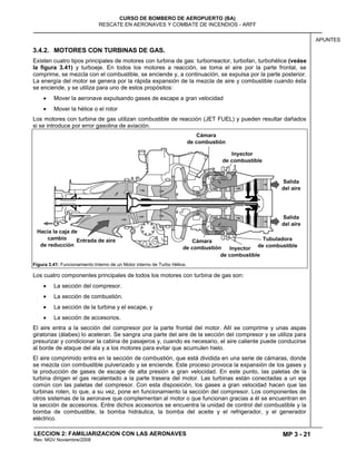 MP 3 - 21
CURSO DE BOMBERO DE AEROPUERTO (BA)
RESCATE EN AERONAVES Y COMBATE DE INCENDIOS - ARFF
LECCION 2: FAMILIARIZACION CON LAS AERONAVES
Rev. MGV Noviembre/2008
APUNTES
3.4.2. MOTORES CON TURBINAS DE GAS.
Existen cuatro tipos principales de motores con turbina de gas: turborreactor, turbofan, turbohélice (veáse
la figura 3.41) y turboeje. En todos los motores a reacción, se toma el aire por la parte frontal, se
comprime, se mezcla con el combustible, se enciende y, a continuación, se expulsa por la parte posterior.
La energía del motor se genera por la rápida expansión de la mezcla de aire y combustible cuando ésta
se enciende, y se utiliza para uno de estos propósitos:
Mover la aeronave expulsando gases de escape a gran velocidad
Mover la hélice o el rotor
Los motores con turbina de gas utilizan combustible de reacción (JET FUEL) y pueden resultar dañados
si se introduce por error gasolina de aviación.
Figura 3.41: Funcionamiento Interno de un Motor interno de Turbo Hélice.
Los cuatro componentes principales de todos los motores con turbina de gas son:
La sección del compresor.
La sección de combustión.
La sección de la turbina y el escape, y
La sección de accesorios.
El aire entra a la sección del compresor por la parte frontal del motor. Allí se comprime y unas aspas
giratorias (álabes) lo aceleran. Se sangra una parte del aire de la sección del compresor y se utiliza para
presurizar y condicionar la cabina de pasajeros y, cuando es necesario, el aire caliente puede conducirse
al borde de ataque del ala y a los motores para evitar que acumulen hielo.
El aire comprimido entra en la sección de combustión, que está dividida en una serie de cámaras, donde
se mezcla con combustible pulverizado y se enciende. Este proceso provoca la expansión de los gases y
la producción de gases de escape de alta presión a gran velocidad. En este punto, las paletas de la
turbina dirigen el gas recalentado a la parte trasera del motor. Las turbinas están conectadas a un eje
común con las paletas del compresor. Con esta disposición, los gases a gran velocidad hacen que las
turbinas roten, lo que, a su vez, pone en funcionamiento la sección del compresor. Los componentes de
otros sistemas de la aeronave que complementan al motor o que funcionan gracias a él se encuentran en
la sección de accesorios. Entre dichos accesorios se encuentra la unidad de control del combustible y la
bomba de combustible, la bomba hidráulica, la bomba del aceite y el refrigerador, y el generador
eléctrico.
 