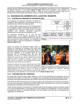 MP 4 - 9
CURSO DE BOMBERO DE AEROPUERTO (BA)
RESCATE EN AERONAVES Y COMBATE DE INCENDIOS - ARFF
LECCION 4: SEGURIDAD DEL BOMBERO DE AEROPUERTO
Rev. MGV Noviembre/2008
APUNTES
lesiones oculares habituales provocadas por objetos sobresalientes, escombros en el aire o salpicaduras
de agentes extintores u otros fluidos (véase la figura 4.11). Otras actividades, como trabajar con
herramientas mecánicas que provocan chispas o nubes de polvo y escombros, pueden exigir que el
Bombero lleve también gafas de protección ocular o un Equipo de Respiración Autónomo.
4.3. SEGURIDAD DEL BOMBERO EN EL LUGAR DEL INCIDENTE.
4.3.1. SISTEMA DE COMANDO DE INCIDENTES (SCI).
Los accidentes en aeronaves requieren un equipo de
emergencia bien organizado y bien entrenado en el uso
del Sistema de Comando de Incidentes (SCI).
En Julio de 1989 una aeronave DC-10 de United Airlines
se vio obligada a realizar un aterrizaje de emergencia en
el Aeropuerto de Sioux City (Iowa, EE.UU.). En este
accidente este pequeño aeropuerto respondió
eficientemente a la emergencia empleando el SCI.
Es importante entrenarse en el uso del SCI
periódicamente. Lo que significa entrenarse con las
agencias externas que prestarán asistencia en caso de
que se produzca un gran accidente. Los incidentes de
este tipo exigen un SCI muy organizado y consolidado.
(Véase la figura 4.12).
Todos los cuerpos de Bomberos deben utilizar un
Sistema de Comando de Incidentes (SCI) para cada
emergencia. Esto significa que deben tener desde un
SCI para el pequeño incendio en una papelera hasta un
SCI para responder a un accidente aéreo de una
aeronave que ha impactado fuera del área del
aeródromo. El SCI es un modelo organizacional y una
cadena de comando que ayuda a grupos de primera
respuesta policía, bomberos, personal médico, Cruz
Roja y otros a colaborar más eficientemente durante
respuestas a situaciones de emergencia.
Durante los últimos cinco años, aproximadamente 6.000
hombres y mujeres en América Latina han completado
exitosamente el curso básico de SCI, desarrollado por la
Oficina Regional de América Latina y el Caribe de
USAID/OFDA, durante el mismo período, más de 2.045
participantes han completado el curso avanzado de SCI. (Véase la figura 4.13).
4.3.2. CONTABILIDAD DEL PERSONAL.
Si sucede algún acontecimiento trágico durante el curso de las actuaciones de emergencia, como el
derrumbe de un edificio o un flashover, es obligatorio que se identifique inmediatamente dónde está todo
el personal. Esto debe realizarse tanto para el ARFF como para el Combate de Incendios Estructurales.
El Bombero de ARFF está expuesto a los mismos peligros que los Bomberos de Incendios estructurales,
con una única excepción: los Bomberos de ARFF deben tratar normalmente con una zona de accidente
empapada de combustible y llena de sorpresas ocultas.
Todos los sitios donde se ha producido un accidente están llenos de peligros ocultos que podrían acabar
con la vida de algún Bombero. Si se dispone de un buen sistema de contabilización no sólo se minimiza
el potencial de perder un compañero Bombero, sino que también sirve para dar una respuesta bien
organizada a la emergencia.
Figura 4.12 Típica estructura de un Sistema de Comando de
Incidentes.
Figura 4.13 Bomberos y Cruz Roja y participan en un
Curso de USAID/OFDA sobre el Sistema de Comando de
Incidentes, organizado por International Resources
Group.
 