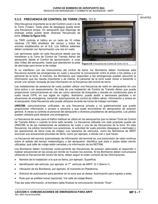 MP 5 - 7
CURSO DE BOMBERO DE AEROPUERTO (BA)
RESCATE EN AERONAVES Y COMBATE DE INCENDIOS - ARFF
LECCION 5: COMUNICACIONES DE EMERGENCIA PARA ARFF
Rev. MGV Noviembre/2008
APUNTES
5.3.2. FRECUENCIA DE CONTROL DE TORRE (TWR): 121.9
Otra frecuencia importante es la del Control Local o la de
la Torre (Tower). Cada pista de despegue puede tener
una frecuencia propia. Un aeropuerto que disponga de
diversas pistas puede tener diversas frecuencias de
torre. (Véase la figura 5.6).
La TWR controla el tráfico en un radio de 10 millas
náuticas (10 NM) alrededor del campo y todos los
aviones establecidos en el ILS. Los tráficos salientes
deben contactar con Aproximación una vez en vuelo.
Las aeronaves están en esta frecuencia desde que las
transfieren a la Torre de Control de Transito Aéreo del
aeropuerto desde el Control de aproximación, a unas
diez millas del aeropuerto, hasta que abandonan la pista
de aterrizaje para tomar la de rodaje.
Si no interfieren con las instrucciones del control de tierra, los Bomberos deben monitorear esta
frecuencia durante las emergencias en vuelo y escuchar la conversación entre el piloto o los pilotos y el
personal de la torre. A menudo, los Bomberos que responden a las emergencias pueden escuchar la
información que les resulta importante y de interés. El personal de la torre suele volver a transmitir o
enviar una versión revisada de esa información en la frecuencia del control de tierra.
Las instalaciones de asistencia de vuelo pueden utilizar una frecuencia de radio en aeropuertos sin una
torre activa o sin asesoramiento. Se trata de una instalación de Control de Transito Aéreo que puede
proporcionar comunicaciones en ruta así como servicios de búsqueda y rescate en condiciones para el
vuelo visual (VFR, en sus siglas en inglés). Asimismo, puede asistir a aeronaves perdidas o en
situaciones de emergencia, transmitir autorizaciones de control de tráfico aéreo, información y avisos en
el aeropuerto. Esta frecuencia sólo puede utilizarse durante las horas de trabajo normales.
UNICOM, comunicaciones unificadas, es una frecuencia privada y no gubernamental que puede
proporcionar información o acceso a servicios y que suele encontrarse en aeropuertos de aviación
general. A veces la controla el personal del aeropuerto o diversos propietarios de aeropuertos. Los pilotos
pueden utilizarla para declarar una emergencia.
La frecuencia de aviso para el tráfico habitual se utiliza en los aeropuertos que no tienen Torre de Control
de Transito Aéreo o cuando la torre está cerrada. La frecuencia utilizada con este propósito puede ser
UNICOM, la de las instalaciones de asistencia de vuelo o una de las frecuencias de la torre. En esta
frecuencia, los pilotos transmiten sus posiciones, la actividad de vuelo prevista (despegue o aterrizaje) o
las operaciones de tierra (ruta de rodaje). Los operarios de vehículos, como los Bomberos de ARFF
anuncian sus actuaciones previstas de tierra, como por ejemplo, a dónde van o qué hacen.
La frecuencia del servicio automatizado de información del terminal es una transmisión de radio continua
sobre el estado del tiempo meteorológico y del aeropuerto. Identifica qué pista o pistas están siendo
utilizadas, qué calle de rodaje están cerradas y la información de los NOTAM.
Los Bomberos deben monitorear continuamente las frecuencias de aviación adecuadas al responder o
realizar actuaciones en las zonas por donde se mueven los aviones. Si los Bomberos deben comunicarse
utilizando la frecuencia del control de tierra, deben seguir el orden correcto de las informaciones:
Nombre de la instalación a la que se llama, por ejemplo: Superficie.
Identificación del vehículo, por ejemplo: el 1
er.
vehículo de ARFF: S-1 (Sierra 1)
Ubicación de los Bomberos, por ejemplo: Al momento en Plataforma.
Solicitud de autorización para penetrar en la zona que se desea: Autorización para ingreso a pista.
Ruta que se prefiere tomar (opcional): Vía calle de rodaje Bravo.
Tras dar esta información, el bombero debe finalizar la comunicación diciendo “Over“.
Figura 5.6: Frecuencia de Control de Torre 121.9.
 