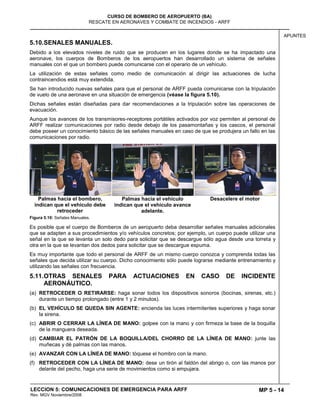 MP 5 - 14
CURSO DE BOMBERO DE AEROPUERTO (BA)
RESCATE EN AERONAVES Y COMBATE DE INCENDIOS - ARFF
LECCION 5: COMUNICACIONES DE EMERGENCIA PARA ARFF
Rev. MGV Noviembre/2008
APUNTES
5.10.SENALES MANUALES.
Debido a los elevados niveles de ruido que se producen en los lugares donde se ha impactado una
aeronave, los cuerpos de Bomberos de los aeropuertos han desarrollado un sistema de señales
manuales con el que un bombero puede comunicarse con el operario de un vehículo.
La utilización de estas señales como medio de comunicación al dirigir las actuaciones de lucha
contraincendios está muy extendida.
Se han introducido nuevas señales para que el personal de ARFF pueda comunicarse con la tripulación
de vuelo de una aeronave en una situación de emergencia (véase la figura 5.10).
Dichas señales están diseñadas para dar recomendaciones a la tripulación sobre las operaciones de
evacuación.
Aunque los avances de los transmisores-receptores portátiles activados por voz permiten al personal de
ARFF realizar comunicaciones por radio desde debajo de los pasamontañas y los cascos, el personal
debe poseer un conocimiento básico de las señales manuales en caso de que se produjera un fallo en las
comunicaciones por radio.
Palmas hacia el bombero,
indican que el vehículo debe
retroceder
Palmas hacia el vehículo
indican que el vehículo avance
adelante.
Desacelere el motor
Figura 5.10: Señales Manuales.
Es posible que el cuerpo de Bomberos de un aeropuerto deba desarrollar señales manuales adicionales
que se adapten a sus procedimientos y/o vehículos concretos; por ejemplo, un cuerpo puede utilizar una
señal en la que se levanta un solo dedo para solicitar que se descargue sólo agua desde una torreta y
otra en la que se levantan dos dedos para solicitar que se descargue espuma.
Es muy importante que todo el personal de ARFF de un mismo cuerpo conozca y comprenda todas las
señales que decida utilizar su cuerpo. Dicho conocimiento sólo puede lograrse mediante entrenamiento y
utilizando las señales con frecuencia.
5.11.OTRAS SENALES PARA ACTUACIONES EN CASO DE INCIDENTE
AERONÁUTICO.
(a) RETROCEDER O RETIRARSE: haga sonar todos los dispositivos sonoros (bocinas, sirenas, etc.)
durante un tiempo prolongado (entre 1 y 2 minutos).
(b) EL VEHÍCULO SE QUEDA SIN AGENTE: encienda las luces intermitentes superiores y haga sonar
la sirena.
(c) ABRIR O CERRAR LA LÍNEA DE MANO: golpee con la mano y con firmeza la base de la boquilla
de la manguera deseada.
(d) CAMBIAR EL PATRÓN DE LA BOQUILLA/DEL CHORRO DE LA LÍNEA DE MANO: junte las
muñecas y dé palmas con las manos.
(e) AVANZAR CON LA LÍNEA DE MANO: tóquese el hombro con la mano.
(f) RETROCEDER CON LA LÍNEA DE MANO: dese un tirón al faldón del abrigo o, con las manos por
delante del pecho, haga una serie de movimientos como si empujara.
 