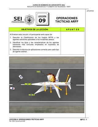 MP 9 - 1
CURSO DE BOMBERO DE AEROPUERTO (BA)
RESCATE EN AERONAVES Y COMBATE DE INCENDIOS - ARFF
LECCION 9: OPERACIONES TÁCTICAS ARFF
Rev. MGV Noviembre/2008
APUNTES
OPERACIONES
TÁCTICAS ARFF
OBJETIVOS DE LA LECCIÓN: A P U N T E S
Al finalizar esta Lección, el participante será capaz de:
1. Describir la Clasificación de los fuegos NFPA y los
agentes extintores aplicables a los incidentes aéreos.
2. Identificar los tipos y las características de los agentes
extintores más comunes empleados en incendios de
aeronaves.
3. Describir la técnica de aplicaciones correcta para cada tipo
de agente extintor.
LECCIÓN
09
 