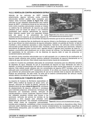 MP 10 - 6
CURSO DE BOMBERO DE AEROPUERTO (BA)
RESCATE EN AERONAVES Y COMBATE DE INCENDIOS - ARFF
LECCION 10: VEHÍCULO PARA ARFF
Rev. MGV Noviembre/2008
APUNTES
10.2.2. VEHÍCULOS CONTRA INCENDIOS ESTRUCTURALES.
Además de los vehículos de ARFF tratados
anteriormente, algunos vehículos contra incendios
estructurales también pueden estar equipados para
realizar estas funciones (véase la figura 6.4). Estos
vehículos se han adaptado especialmente para realizar
tareas de ARFF. La tendencia actual de los vehículos de
lucha contra incendios estructurales consiste en instalar
un sistema fijo de dosificación de espuma que puede
utilizarse junto con líneas de ataque o con monitores
canalizados para efectuar aplicaciones de espuma.
Estos sistemas pueden tener una capacidad limitada
para dar apoyo a las actuaciones de lucha
contraincendios con espuma, ya que suelen disponer de
depósitos de almacenamiento de concentrado de espuma menores que los de los vehículos de ARFF.
No obstante, los sistemas fijos de dosificación de espuma ofrecen a los Bomberos una capacidad mayor
que la que ofrecen los tubos eductores de espuma alineados, debido a la pérdida de fricción, la falta de
movilidad y otros problemas asociados a estos dispositivos. Asimismo, los vehículos contra incendios
estructurales pueden disponer de tracción total, monitores, equipo de rescate para aeronaves, sistemas
secundarios de agentes (polvo químico seco, agentes limpios y agentes para incendios de clase D), y
equipos y suministros para situaciones con un gran número de víctimas. Los Bomberos deben conocer
las capacidades de los vehículos y de los sistemas de espuma dado el caso de producirse un
accidente/incidente aeronáutico.
Un vehículo contra incendios estructurales que no está equipado con un sistema fijo de dosificación de
espuma puede utilizarse para producir espuma vertiendo concentrado de espuma directamente en la
cisterna de agua del vehículo. Este método suele denominarse mezcla de composición.
La tabla 6.3 muestra las cantidades adecuadas de concentrado necesarias para los diferentes tamaños
de depósitos de agua. Después de que el concentrado de espuma se haya distribuido por todo el
depósito, la bomba contraincendios del vehículo funcionará de modo normal para producir un chorro de
espuma. Este método puede utilizarse sólo con concentrados de espuma AFFF normales, pero no es
adecuado para concentrados AFFF resistentes al alcohol. Si se utiliza una mezcla de composición, hay
que extremar las precauciones para asegurarse de que se ha extraído toda la espuma del sistema al
finalizar las actuaciones. De este modo, se evita que el sistema contraincendios del vehículo resulte
dañado debido a los efectos de la espuma a largo plazo.
10.2.3. VEHÍCULOS Y EQUIPO DE APOYO.
La mayoría de Cuerpos de Bomberos especialistas en
ARFF utiliza multitud de equipos de apoyo como, por
ejemplo, vehículos de Puesto de Mando, vehículos de
abastecimiento de agua (véase la figura 6.5), remolques
de abastecimiento de espuma, vehículos y remolques
para materiales peligrosos, ambulancias, remolques para
situaciones con numerosas víctimas, vehículos de
rescate pesados e, incluso, autobuses. Algunos Cuerpos
han adaptado escaleras móviles para acceso a las
aeronaves, vehículos del servicio de comidas de las
aeronaves y otros equipos para utilizarlos como
plataformas de elevación. Han realizado modificaciones
como añadir líneas de mangueras preconectadas,
carretes para mangueras, ventiladores y otras innovaciones para convertirlos en dispositivos útiles. Estos
vehículos están diseñados para satisfacer de manera complementaria las necesidades específicas de
determinados aeropuertos, pero no suelen alcanzar los requisitos mínimos exigidos para la protección
contraincendios.
Figura 6.4: Este vehículo contra incendios estructurales,
está equipado para las actuaciones ARFF.
Figura 6.5: Vehículo móvil de abastecimiento de agua.
 