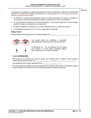 MP 11 - 13
CURSO DE BOMBERO DE AEROPUERTO (BA)
RESCATE EN AERONAVES Y COMBATE DE INCENDIOS - ARFF
LECCION 11: ATENCIÓN PREHOSPITALARIA DE EMERGENCIA
Rev. MGV Noviembre/2008
APUNTES
La evaluación neurológica se realiza determinando el Nivel de conciencia o pérdida de conocimiento
mediante un sencillo test conocido como AVDI que va acompañado de un mini examen del tamaño,
simetría y reacción de las pupilas.
 A: ALERTA, el paciente está despierto, sabe su nombre, está ubicado en tiempo y espacio, su
comunicación, aunque perturbada por la tensión, la angustia o el dolor, es coherente.
 V: Voz, el paciente responde a la voz del interrogador, aunque permanezca con los ojos cerrados,
pudiendo a veces su respuesta no ser coherente.
 D: Dolor el paciente no responde a A, V, pero reacciona frente a un estímulo doloroso
 I: el paciente no responde a A-V ni a D, es decir está inconsciente
Reflejo Pupilar
Esta evaluación permite determinar la posible existencia de ______________ _________________.
Las pupilas deben ser simétricas y responder
adecuadamente al estímulo luminoso (contracción).
La diferencia de 1 mm de diámetro de una pupila
con respecto a la otra podría sugerirnos alguna
lesión expansiva en el interior del cráneo.
11.6.5. EXPOSICIÓN.
Para examinar las heridas del paciente, puede ser necesario abrir o quitarle la ropa gruesa a
constrictiva que pueda ocultar una ____________________ o un ________________________.
La cantidad de ropa a quitar dependerá de la _______________________.
Se debe quitar sólo aquella que sea necesaria para la atención de la lesión, procediendo luego a
cubrir al paciente con cobertores a fin de evitar que baje su temperatura corporal.
 