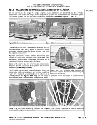 MP 12 - 6
CURSO DE BOMBERO DE AEROPUERTO (BA)
RESCATE EN AERONAVES Y COMBATE DE INCENDIOS - ARFF
LECCION 12: PELIGROS ASOCIADOS A LA CARGA DE LAS AERONAVES
Rev. MGV Noviembre/2008
APUNTES12.1.2. TRANSPORTE DE MATERIALES PELIGROSOS POR VÍA AÉREA.
En las aeronaves de carga, la carga peligrosa suele colocarse en contenedores denominados
dispositivos para unidad de carga. Dichos dispositivos pueden ser contenedores de aeronaves, palets
con una red o palets con una red sobre un depósito abovedado (véanse las figuras 12.3 a y b).
Figura 12.3a: Contenedor para aeronave 1. Figura 12.3b: Contenedor para aeronave 2.
Una vez cargados, estos contenedores se suben a bordo
de la aeronave. Para ello, a veces es necesario utilizar
un equipo especial, dependiendo del tamaño y del peso
del depósito en cuestión.
Algunas compañías aéreas utilizan dispositivos para
unidad de carga con modificaciones especiales para
transportar determinados materiales peligrosos en la
cubierta principal de las aeronaves de carga.
Estos contenedores pueden tener marcas especiales y
disponer de una capacidad de supresión de incendios
integrada (véase la figura 12.4).
Las boquillas de descarga especial situadas dentro del
contenedor están conectadas a un extintor portátil de
Halón 1211 mediante una conexión en el exterior de la
unidad (véanse las figuras 12.5 a-c). De ese modo, el personal puede descargar el agente extintor
manualmente en el contenedor sin necesidad de abrirlo.
Figura 12.5a: En la parte superior del contenedor hay una
conexión para la manguera del agente extintor.
Figura 12.5b: Extintores y mangueras del interior de la aeronave
que están conectadas con el contendor.
Figura 12.4: Este contenedor para transporte de
mercancías peligrosas dispones de un sistema integrado
de extinción de incendios.
 