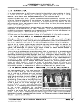 MP 13 - 12
CURSO DE BOMBERO DE AEROPUERTO (BA)
RESCATE EN AERONAVES Y COMBATE DE INCENDIOS - ARFF
LECCION 13: PLAN DE EMERGENCIAS DEL AEROPUERTO
Rev. MGV Noviembre/2008
APUNTES
13.8.3. REHABILITACIÓN.
En las actuaciones intensas de ARFF en aeronaves, los Bomberos utilizan una gran cantidad de energía.
Se necesitan los recursos suficientes para garantizar que el personal de rescate dispone de un área de
descanso a la que pueden acudir después de las actuaciones en el lugar del accidente.
El personal de ARFF debe llevar a cabo los procedimientos de descontaminación adecuados para no
contaminar el área de rehabilitación. El área debe estar bien aislada del lugar de la emergencia y estar
alejada de la zona de clasificación, de preparación y de otras áreas de actuación. Además, esta área
debe proporcionar refugio, si es necesario, además de incluir un lugar para sentarse o echarse, así como
bebidas calientes o frías y fruta fresca.
Independientemente del papel o tarea que desempeñan, todo el personal de respuesta debe pasar algún
tiempo en el área de rehabilitación para nutrirse e hidratarse. Deben organizarse los preparativos con
proveedores competentes, restaurantes u otros establecimientos similares, de modo que se pueda crear
una zona de rehabilitación y abastecerla durante todo el incidente.
NOTA: si desea más información, consulte el manual de la Rehabilitación de incidentes de emergencia.
13.8.4. PROCESOS DE ANÁLIS DEL ESTRÉS EN INCIDENTES CRÍTICOS.
Al trabajar en el área de un accidente, el personal de ARFF está sometido a una presión psicológica
enorme. Esta presión se inicia al llamar al personal de respuesta para que se ocupe rápidamente de un
gran número de pacientes con heridas de diversa gravedad y para que trabaje en un entorno peligroso.
Según el tipo de incidente, puede que deba realizarse una amplia descarcelación para liberar a las
víctimas atrapadas. Un gran número de heridas suelen ser traumáticas y es posible que se produzcan
muertes. Los rescatadores que trabajan en un entorno de este tipo pueden sentirse fatigados y
abrumados por el gran número de tareas que deben realizar.
Tanto el cuerpo de Bomberos como el aeropuerto deben incluir en sus directorios de recursos una lista
de equipos cualificados de análisis de procesos del estrés en incidentes críticos. Estos equipos deben
proporcionar capacidad de respuesta veinticuatro horas al día, siete días por semana. Asimismo, se les
debe permitir el acceso a las áreas de rehabilitación de modo que puedan proporcionar asistencia in situ
a todo el personal de rescate y actuación. Durante el incidente y después de éste, deben existir grupos
confidenciales de apoyo psicológico disponibles para todas las personas que hayan intervenido en las
actuaciones de rescate. Según la gravedad del accidente, puede que sea necesario contratar a estos
equipos de análisis durante un período de tiempo más prolongado después del incidente para
proporcionar servicios de asesoramiento. Es importante asegurarse de que todo el personal tiene la
oportunidad de participar en estas sesiones de análisis en grupo y animarlo para que así lo haga.
13.9. OTRAS ORGANIZACIONES GUBERNAMENTALES DE APOYO LOGÍSTICO.
Sólo una investigación de la FELCC puede determinar si
se ha producido un delito, por tanto, es importante que
toda la zona que se encuentre dentro del perímetro
establecido se trate como si fuera el lugar de un delito
hasta que se demuestre lo contrario (véase la figura
13.11). Puesto que incluso la pieza más pequeña de los
escombros del choque puede ser una prueba importante,
el personal de los medios de comunicación sólo podrá
acceder al lugar con un escolta designado por las
personas al mando y no podrá tocar nada. Para reducir
la angustia de los familiares y amigos de los ocupantes
de una aeronave accidentada, las autoridades
encargadas de la investigación podrán facilitar los
nombres de los heridos leves tan pronto como sea
posible. A pesar de ello, los nombres de personas fallecidas o gravemente heridas no se revelarán hasta
que se hayan notificado a los parientes más próximos. Los medios de comunicación están éticamente
obligados a cooperar con esta política.
Figura 13.11: Un representante de la DGAC observando
el área restringida del incidente.
 