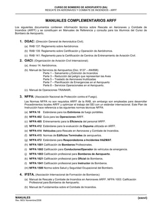(xxxvi)
CURSO DE BOMBERO DE AEROPUERTO (BA)
RESCATE EN AERONAVES Y COMBATE DE INCENDIOS - ARFF
MANUALES
Rev. MGV Noviembre/2008
MANUALES COMPLEMENTARIOS ARFF
Los siguientes documentos contienen información técnica sobre Rescate en Aeronaves y Combate de
Incendios (ARFF) y se constituyen en Manuales de Referencia y consulta para los Alumnos del Curso de
Bombero de Aeropuerto.
1. DGAC: (Dirección General de Aeronáutica Civil).
(a) RAB 137: Reglamento sobre Aeródromos
(b) RAB 139: Reglamento sobre Certificación y Operación de Aeródromos.
(c) RAB 141: Reglamento para la Certificación de Centros de Entrenamiento de Aviación Civil.
2. OACI: (Organización de Aviación Civil Internacional).
(a). Anexo 14: Aeródromos.
(b). Manual de Servicios de Aeropuertos (Doc. 9137 – AN/898)
Parte 1 – Salvamento y Extinción de Incendios
Parte 3 – Reducción del peligro que representan las Aves
Parte 5 – Traslado de Aeronaves Inutilizadas
Parte 7 – Planificación de Emergencias en el Aeropuerto
Parte 8 – Servicios Operacionales en el Aeropuerto.
(c). Manual de Operaciones TRAINAIR.
3. NFPA: (Asociación Nacional de Protección contra el Fuego).
Las Normas NFPA no son requisitos ARFF de la RAB, sin embargo son empleadas para desarrollar
Procedimientos locales ARFF y optimizar el trabajo del SEI con un estándar internacional. Este Plan de
Instrucción hace referencia a las siguientes normas técnicas NFPA:
(a) NFPA 10 Estándares para los Extintores de fuego portátiles.
(b) NFPA 402 Guía para las Operaciones ARFF.
(c) NFPA 405 Entrenamiento para la Eficiencia del personal ARFF.
(d) NFPA 412 Estándares para la evaluación de Espuma utilizada en ARFF.
(e) NFPA 414 Vehículos para Rescate en Aeronaves y Combate de Incendios.
(f) NFPA 415 Normas de Edificios Terminales de aeropuertos.
(g) NFPA 472 Estándares para Respondedores a Incidentes HAZMAT.
(h) NFPA 1001 Calificación de Bomberos Profesionales.
(i) NFPA 1002 Calificación para Conductores/Operador de vehículos de emergencia.
(j) NFPA 1003 Calificación profesional para Bomberos de Aeropuerto.
(k) NFPA 1021 Calificación profesional para Oficial de Bomberos.
(l) NFPA 1041 Calificación profesional para Instructor de Bomberos.
(m) NFPA 1500 Norma sobre Salud y Seguridad Ocupacional del Bombero.
4. IFSTA. (Asociación Internacional de Formación de Bomberos):
(a) Manual de Rescate y Combate de Incendios en Aeronaves ARFF. NFPA 1003: Calificación
Profesional para Bomberos de Aeropuerto.
(b) Manual de Fundamentos sobre el Combate de Incendios.
 