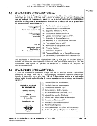 MP 1 - 4
CURSO DE BOMBERO DE AEROPUERTO (BA)
RESCATE EN AERONAVES Y COMBATE DE INCENDIOS - ARFF
LECCION 1: ESTÁNDARES DE ENTRENAMIENTO DEL CURSO
Rev. MGV Noviembre/2008
APUNTES
1.4. ESTÁNDARES DE ENTRENAMIENTO DGAC.
El Curso de Bombero de Aeropuerto también cumple con los 13 módulos iniciales y recurrentes
establecidos por la DGAC en la RAB 139: Apéndice A, Parte 4, (d), (1), (ix), (B), (i) al (xiii): “B)
Todo el personal de salvamento y extinción de incendios debe estar apropiadamente
entrenado. El programa de entrenamiento debe incluir la instrucción inicial y recurrente
por lo menos en las siguientes áreas”:
I. Familiarización con el Aeropuerto.
II. Familiarización con las aeronaves
III. Seguridad del Personal ARFF.
IV. Comunicaciones de Emergencia.
V. Uso de Herramientas y Equipos ARFF.
VI. Aplicación de Agentes Extintores.
VII. Asistencia en la Evacuación de Aeronaves.
VIII. Operaciones Tácticas ARFF.
IX. Adaptación del Equipo Estructural.
X. Primeros Auxilios.
XI. Mercancías Peligrosas.
XII. Responsabilidades con el Plan de Emergencias.
XIII. Vestimenta y Equipo Respiratorio de Protección.
Estos estándares de entrenamiento recomendados (OACI y DGAC) no son previstos como los
padrones de evaluación de competencia profesional para bomberos de aeropuerto, pero son
suministrados para ayudar al Operador de Aeródromo a establecer un programa de
entrenamiento suficiente.
1.5. ESTÁNDARES DE ENTRENAMIENTO OACI.
El Curso de Bombero de Aeropuerto cumple con los 12 módulos iniciales y recurrentes
establecidos por la OACI en el (Doc 9137-AN/898) Parte1: Salvamento y Extinción de Incendios:
Capítulo 14 Instrucción, que a letra dice: “14.1.3. El Curriculum relativo a la instrucción
debería incluir la instrucción inicial y de repaso que abarque por lo menos los siguientes
aspectos:”
(a) Familiarización con el Aeropuerto.
(b) Familiarización con las aeronaves
(c) Seguridad del Personal ARFF.
(d) Comunicaciones de Emergencia.
(e) Uso de Herramientas y Equipos ARFF.
(f) Aplicación de Agentes Extintores.
(g) Asistencia en la Evacuación de Aeronaves.
(h) Operaciones Tácticas ARFF.
(i) Adaptación del Equipo Estructural.
(j) Mercancías Peligrosas.
(k) Responsabilidades con el Plan de Emergencias.
(l) Vestimenta y Equipo Respiratorio de Protección.
Reglamentación
Aeronáutica
Boliviana
RAB 139
Reglamento sobre
Certificación y
Operación de Aeródromos
Dirección General de Aeronáutica Civil
 