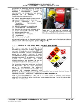 MP 1 - 21
CURSO DE BOMBERO DE AEROPUERTO (BA)
RESCATE EN AERONAVES Y COMBATE DE INCENDIOS - ARFF
LECCION 1: ESTÁNDARES DE ENTRENAMIENTO DEL CURSO
Rev. MGV Noviembre/2008
APUNTES
El Bombero de Aeropuerto tiene que conocer las
funciones y responsabilidades de todas las
entidades, organizaciones, grupos, y
departamentos de emergencia, que pueden
participar en la respuesta a un
incidente/accidente de aeronave.
En nuestro Aeropuerto estas organizaciones y
agencias son básicamente las siguientes:
(a) SABSA: Operaciones, SAT, AVSEC,
Transportes, Administración y
Mantenimiento.
(b) DGAC: Investigadores de accidentes.
(c) Fuerzas Armadas y Policía Nacional.
(d) Servicios de Emergencias Médicas - SEM
(e) Grupos de Búsqueda y Rescate - SAR.
(f) Bomberos Estructurales.
(g) Médicos forenses y Funerarias.
(h) Líneas Aéreas
(i) Medios de comunicación.
El Plan de Emergencias de Aeropuerto PEA vigente y aprobado por la Autoridad Aeronáutica
(DGAC) detalla todos estos aspectos. (Véase la figura 1.15).
1.14.11. PELIGROS ASOCIADOS A LA CARGA DE AERONAVES.
Del mismo modo que la evolución de la
tecnología ha cambiado la sociedad, también ha
cambiado el trabajo del personal de ARFF. Ya
no existen “incidentes rutinarios”. La carga aérea
puede ser un peligro inherente, o puede
convertirse en un peligro como consecuencia del
incendio. Asimismo, si se expone a incendios
durante las actuaciones de lucha
contraincendios en una aeronave, se crea un
entorno extremadamente tóxico y peligroso.
Se encuentran materiales peligrosos en todos
los Aeropuertos. Por eso, deben elaborarse
planes y procedimientos de actuación
normalizados para controlar con seguridad los
incidentes con materiales peligrosos. Los
Bomberos de Aeropuerto tienen que recibir una
formación conforme a estos planes y procedimientos (véase la figura 1.16).
Todo el personal de ARFF debe saber cuál es su función durante un incidente con materiales
peligrosos. Los Bomberos deben conocer sus limitaciones y reconocer cuándo no puede hacer
nada más en un incidente.
Figura 1.15: El PEA: Plan de Emergencias de
Aeropuerto, está aprobado por la DGAC como parte del
MCA: Manual de Certificación de Aeropuerto.
Figura 1.16: Placas de riesgo de Materiales Peligrosos.
 