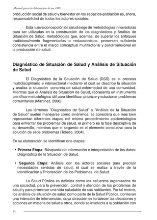14
Manual para la elaboración de un ASIS
producción social de salud y bienestar en los espacios-población es, ahora,
responsabilidad de todos los actores sociales.
	 Esta nueva concepción de salud exige de metodologías innovadoras
para ser utilizadas en la construcción de los diagnósticos y Análisis de
Situación de Salud, metodologías que, además, de superar los enfoques
tradicionalmente fragmentados o reduccionistas, presenten suficiente
consistencia entre el marco conceptual multifactorial y polidimensional en
la producción de salud.
Diagnóstico de Situación de Salud y Análisis de Situación
de Salud
	 El Diagnóstico de la Situación de Salud (DSS) es el proceso
multidisciplinario e intersectorial mediante el cual se describe la situación
y analiza la situación concreta de salud-enfermedad de una comunidad.
Mientras que el Análisis de Situación de Salud, representa un instrumento
científico-metodológico útil para identificar, priorizar y solucionar problemas
comunitarios (Martínez, 2006).
	 Los términos “Diagnóstico de Salud” y “Análisis de la Situación
de Salud” suelen manejarse como sinónimos, se considera que más bien
representan diferentes etapas del mismo procedimiento epidemiológico
para enfrentar los problemas de salud, el primero es la fase descriptiva de
su desarrollo, mientras que el segundo es el elemento conclusivo para la
solución de esos problemas (Toledo, 2004).
En su elaboración se identifican dos etapas:
• Primera Etapa: Búsqueda de información e interpretación de los datos:
Diagnóstico de la Situación de Salud.
• Segunda Etapa: Análisis con los actores sociales para precisar
necesidades sentidas de salud, el cual se realiza a través de la
Identificación y Priorizaciòn de los Problemas de Salud.
	 La Salud Pública es definida como los esfuerzos organizados de
una sociedad, para la prevención, control y atención de los problemas de
salud y para promover una vida saludable de sus habitantes. Por tal motivo,
los análisis de situación de salud como parte de la Salud Pública, conllevan
una intención de intervención, cuya dirección es fortalecer las decisiones y
acciones en materia de salud y otros, donde se involucra a la población con
 