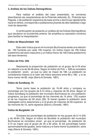 30
Manual para la elaboración de un ASIS
3. Análisis de los Índices Demográficos
	 Para realizar el análisis del caso presentado, se comienza
describiendo las características de la Pirámide obtenida, Ej.: Pirámide tipo
Pagoda o de población expansiva de base ancha y disminuye rápidamente
hacia el vértice, corresponde a poblaciones jóvenes de alta natalidad y bajo
nivel de desarrollo.
	 A continuación se presenta un análisis de los Índices Demográficos
que resultaron en la pirámide anterior. Se simplifica su expresión numérica
para facilitar la interpretación:
Índice de Masculinidad: 103
	 Este valor indica que en el municipio Buchivacoa existe una relación
de 103 hombres por cada 100 mujeres. Un índice mayor de 100 indica
predominio del sexo masculino y un índice menor de 100 indica predominio
del sexo femenino.
Índice de Fritz: 209
	 Representa la proporción de población en el grupo de 0-19 años
en relación a la de 30-49 años. Según el índice de Fritz = 209 se considera
la población joven, ya que su valor es mayor de 160. La población se
consideraría madura si el valor del índice estuviera entre 60 y 160, y si es
fuera menor de 60, vieja (Sierra & Doreste, 1991).
Índice de Sundbarg: 75
	 Toma como base la población de 15-49 años y compara su
porcentaje con los grupos de 0-14 años y mayores de 50 años. Según el
índice Sundbarg la población del municipio Buchivacoa es una población
progresiva, ya que el porcentaje de los menores de 15 años (75) supera
el de los mayores de 50 años (30). Si fueran iguales la población sería
catalogada como estacionaria y si el grupo de mayores de 50 superara al
de menores de 15, sería regresiva (Sierra y Doreste, 1991).
Índice de Burgdofer: 24
	 Compara los porcentajes de población en los grupos de 5-14 (24)
y de 45-64 (13). Según el índice de Burdofer la población del municipio
Buchivacoa se considera Joven ya que el porcentaje de población de
5-14 es mayor que el grupo de 45 a 64 años. Si los porcentajes fueran
aproximadamente iguales, sería madura y si fuera menor la población, sería
vieja (Sierra & Doreste, 1991).
 