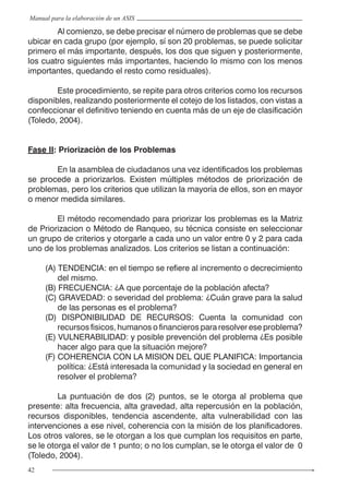 42
Manual para la elaboración de un ASIS
	 Al comienzo, se debe precisar el número de problemas que se debe
ubicar en cada grupo (por ejemplo, sí son 20 problemas, se puede solicitar
primero el más importante, después, los dos que siguen y posteriormente,
los cuatro siguientes más importantes, haciendo lo mismo con los menos
importantes, quedando el resto como residuales).
	 Este procedimiento, se repite para otros criterios como los recursos
disponibles, realizando posteriormente el cotejo de los listados, con vistas a
confeccionar el definitivo teniendo en cuenta más de un eje de clasificación
(Toledo, 2004).
Fase II: Priorizaciòn de los Problemas
	 En la asamblea de ciudadanos una vez identificados los problemas
se procede a priorizarlos. Existen múltiples métodos de priorización de
problemas, pero los criterios que utilizan la mayoría de ellos, son en mayor
o menor medida similares.
	 El método recomendado para priorizar los problemas es la Matriz
de Priorizacion o Método de Ranqueo, su técnica consiste en seleccionar
un grupo de criterios y otorgarle a cada uno un valor entre 0 y 2 para cada
uno de los problemas analizados. Los criterios se listan a continuación:
(A) TENDENCIA: en el tiempo se refiere al incremento o decrecimiento
del mismo.
(B) FRECUENCIA: ¿A que porcentaje de la población afecta?
(C) GRAVEDAD: o severidad del problema: ¿Cuán grave para la salud
de las personas es el problema?
(D) DISPONIBILIDAD DE RECURSOS: Cuenta la comunidad con
recursos fisicos, humanos o financieros para resolver ese problema?
(E) VULNERABILIDAD: y posible prevención del problema ¿Es posible
hacer algo para que la situación mejore?
(F) COHERENCIA CON LA MISION DEL QUE PLANIFICA: Importancia
política: ¿Está interesada la comunidad y la sociedad en general en
resolver el problema?
	 La puntuación de dos (2) puntos, se le otorga al problema que
presente: alta frecuencia, alta gravedad, alta repercusión en la población,
recursos disponibles, tendencia ascendente, alta vulnerabilidad con las
intervenciones a ese nivel, coherencia con la misión de los planificadores.
Los otros valores, se le otorgan a los que cumplan los requisitos en parte,
se le otorga el valor de 1 punto; o no los cumplan, se le otorga el valor de 0
(Toledo, 2004).
 