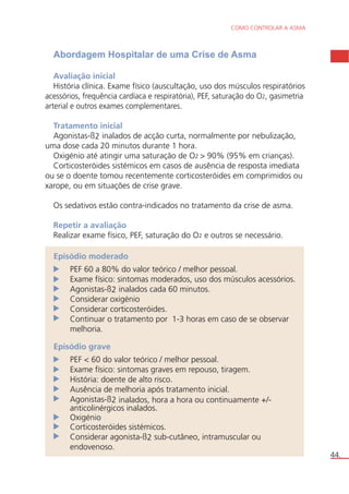 COMO CONTROLAR A ASMA 
44. 
Abordagem Hospitalar de uma Crise de Asma 
Avaliação inicial 
História clínica. Exame físico (auscultação, uso dos músculos respiratórios 
acessórios, frequência cardíaca e respiratória), PEF, saturação do O2, gasimetria 
arterial e outros exames complementares. 
Tratamento inicial 
Agonistas-ß2 inalados de acção curta, normalmente por nebulização, 
uma dose cada 20 minutos durante 1 hora. 
Oxigénio até atingir uma saturação de O2 > 90% (95% em crianças). 
Corticosteróides sistémicos em casos de ausência de resposta imediata 
ou se o doente tomou recentemente corticosteróides em comprimidos ou 
xarope, ou em situações de crise grave. 
Os sedativos estão contra-indicados no tratamento da crise de asma. 
Repetir a avaliação 
Realizar exame físico, PEF, saturação do O2 e outros se necessário. 
Episódio moderado 
PEF 60 a 80% do valor teórico / melhor pessoal. 
Exame físico: sintomas moderados, uso dos músculos acessórios. 
Agonistas-ß2 inalados cada 60 minutos. 
Considerar oxigénio 
Considerar corticosteróides. 
Continuar o tratamento por 1-3 horas em caso de se observar 
melhoria. 
Episódio grave 
PEF < 60 do valor teórico / melhor pessoal. 
Exame físico: sintomas graves em repouso, tiragem. 
História: doente de alto risco. 
Ausência de melhoria após tratamento inicial. 
Agonistas-ß2 inalados, hora a hora ou continuamente +/- 
anticolinérgicos inalados. 
Oxigénio 
Corticosteróides sistémicos. 
Considerar agonista-ß2 sub-cutâneo, intramuscular ou 
endovenoso. 
 