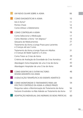 UM NOVO OLHAR SOBRE A ASMA 
COMO DIAGNOSTICAR A ASMA 
COMO CONTROLAR A ASMA 
COMO IDENTIFICAR E EVITAR FACTORES 
DESENCADEANTES DA ASMA 
A EDUCAÇÃO TERAPÊUTICA DO DOENTE ASMÁTICO 
COMO MONITORIZAR O TRATAMENTO PARA UM 
EFECTIVO CONTROLO DA ASMA A LONGO PRAZO 
ADAPTAÇÃO INDIVIDUAL DAS NORMAS DE BOAS PRÁTICAS 
INDICE 
06 
10 
Isto é Asma? 
Pontos Chave 
Como Utilizar o Debitómetro 
11 
12 
14 
Como Seleccionar a Medicação 
Como Abordar a Asma “em degraus” 
Glossário de Medicamentos 
16 
17 
19 
21 
Tratamento da Asma a Longo Prazo para Lactentes 
e Crianças até aos 5 anos 
Tratamento da Asma a Longo Prazo em Adultos 
e Crianças de Idade Superior a 5 anos 
Como Tratar as Crises de Asma 
27 
31 
39 
Critérios de Avaliação da Gravidade da Crise Asmática 41 
Abordagem Extra-Hospitalar de uma Crise de Asma 43 
Abordagem Hospitalar de uma Crise de Asma 44 
46 
50 
54 
60 
Perguntas sobre a Monitorização do Tratamento da Asma 
Factores Envolvidos na Não Adesão ao Tratamento da Asma 
56 
57 
04. 
 
