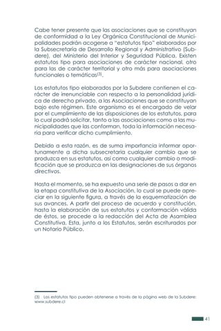 41
Cabe tener presente que las asociaciones que se constituyan
de conformidad a la Ley Orgánica Constitucional de Munici-
palidades podrán acogerse a “estatutos tipo” elaborados por
la Subsecretaría de Desarrollo Regional y Administrativo (Sub-
dere), del Ministerio del Interior y Seguridad Pública. Existen
estatutos tipo para asociaciones de carácter nacional, otro
para las de carácter territorial y otro más para asociaciones
funcionales o temáticas(3).
Los estatutos tipo elaborados por la Subdere contienen el ca-
rácter de irrenunciable con respecto a la personalidad jurídi-
ca de derecho privado, a las Asociaciones que se constituyan
bajo este régimen. Este organismo es el encargado de velar
por el cumplimiento de las disposiciones de los estatutos, para
lo cual podrá solicitar, tanto a las asociaciones como a las mu-
nicipalidades que las conforman, toda la información necesa-
ria para verificar dicho cumplimiento.
Debido a esta razón, es de suma importancia informar opor-
tunamente a dicha subsecretaria cualquier cambio que se
produzca en sus estatutos, así como cualquier cambio o modi-
ficación que se produzca en las designaciones de sus órganos
directivos.
Hasta el momento, se ha expuesto una serie de pasos a dar en
la etapa constitutiva de la Asociación, lo cual se puede apre-
ciar en la siguiente figura, a través de la esquematización de
sus avances. A partir del proceso de acuerdo y constitución,
hasta la elaboración de sus estatutos y conformación válida
de éstos, se procede a la redacción del Acta de Asamblea
Constitutiva. Esta, junto a los Estatutos, serán escriturados por
un Notario Público.
(3) Los estatutos tipo pueden obtenerse a través de la página web de la Subdere:
www.subdere.cl
 