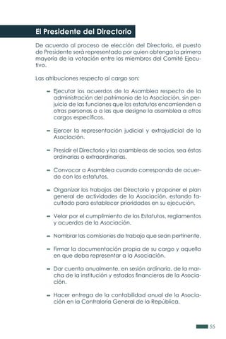 55
El Presidente del Directorio
De acuerdo al proceso de elección del Directorio, el puesto
de Presidente será representado por quien obtenga la primera
mayoría de la votación entre los miembros del Comité Ejecu-
tivo.
Las atribuciones respecto al cargo son:
Ejecutar los acuerdos de la Asamblea respecto de la
administración del patrimonio de la Asociación, sin per-
juicio de las funciones que los estatutos encomienden a
otras personas o a las que designe la asamblea a otros
cargos específicos.
Ejercer la representación judicial y extrajudicial de la
Asociación.
Presidir el Directorio y las asambleas de socios, sea éstas
ordinarias o extraordinarias.
Convocar a Asamblea cuando corresponda de acuer-
do con los estatutos.
Organizar los trabajos del Directorio y proponer el plan
general de actividades de la Asociación, estando fa-
cultado para establecer prioridades en su ejecución.
Velar por el cumplimiento de los Estatutos, reglamentos
y acuerdos de la Asociación.
Nombrar las comisiones de trabajo que sean pertinente.
Firmar la documentación propia de su cargo y aquella
en que deba representar a la Asociación.
Dar cuenta anualmente, en sesión ordinaria, de la mar-
cha de la institución y estados financieros de la Asocia-
ción.
Hacer entrega de la contabilidad anual de la Asocia-
ción en la Contraloría General de la República.
 