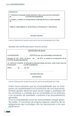 MANUAL ASOCIATIVISMO MUNICIPAL
62
Modelo de certificado para nuevos socios:
Cabe hacer presente que las municipalidades que se incor-
poren con posterioridad a la Constitución de una Asociación,
tendrán iguales derechos para asumir cargos y participar de
las comisiones o unidades que se contemplen en los Estatutos
o en acuerdos de asamblea, conforme a los procedimientos
generales.
A las municipalidades socias les está prohibido otorgar garan-
tías reales, ni cauciones de ninguna especie, respecto de las
obligaciones que contraigan con las asociaciones a las que
pertenecen.
Fuente: Elaboración propia Asociación de Municipalidades de Chile.
Fuente: Elaboración propia Asociación de Municipalidades de Chile.
 