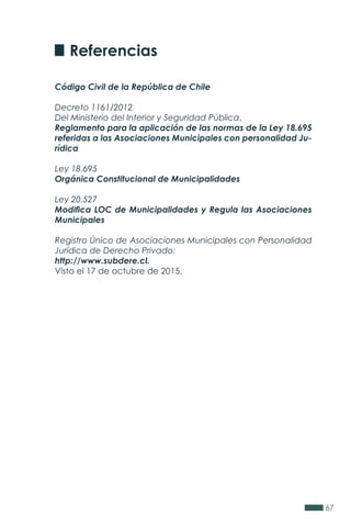 67
Código Civil de la República de Chile
Decreto 1161/2012
Del Ministerio del Interior y Seguridad Pública,
Reglamento para la aplicación de las normas de la Ley 18.695
referidas a las Asociaciones Municipales con personalidad Ju-
rídica
Ley 18.695
Orgánica Constitucional de Municipalidades
Ley 20.527
Modifica LOC de Municipalidades y Regula las Asociaciones
Municipales
Registro Único de Asociaciones Municipales con Personalidad
Jurídica de Derecho Privado:
http://www.subdere.cl.
Visto el 17 de octubre de 2015.
Referencias
 