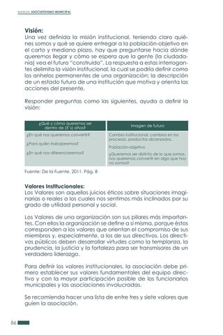 MANUAL ASOCIATIVISMO MUNICIPAL
86
Visión:
Una vez definida la misión institucional, teniendo claro quié-
nes somos y qué se quiere entregar a la población-objetivo en
el corto y mediano plazo, hay que preguntarse hacia dónde
queremos llegar y cómo se espera que la gente (la ciudada-
nía) vea el futuro “construido”. La respuesta a estas interrogan-
tes delimita la visión institucional, la cual se podría definir como
los anhelos permanentes de una organización; la descripción
de un estado futuro de una institución que motiva y orienta las
acciones del presente.
Responder preguntas como las siguientes, ayuda a definir la
visión:
Valores Institucionales:
Los Valores son aquellos juicios éticos sobre situaciones imagi-
narias o reales a los cuales nos sentimos más inclinados por su
grado de utilidad personal y social.
Los Valores de una organización son sus pilares más importan-
tes. Con ellos la organización se define a sí misma, porque éstos
corresponden a los valores que orientan el compromiso de sus
miembros y, especialmente, a los de sus directivos. Los directi-
vos públicos deben desarrollar virtudes como la templanza, la
prudencia, la justicia y la fortaleza para ser transmisores de un
verdadero liderazgo.
Para definir los valores institucionales, la asociación debe pri-
mero establecer sus valores fundamentales del equipo direc-
tivo y con la mayor participación posible de los funcionarios
municipales y las asociaciones involucradas.
Se recomienda hacer una lista de entre tres y siete valores que
guíen la asociación.
¿Qué y cómo queremos ser
dentro de (X`s) años?
¿En qué nos queremos convertir?
¿Para quién trabajaremos?
¿En qué nos diferenciaremos?
Imagen de futuro
Cambio institucional, cambios en los
procesos, productos alcanzados.
Población-objetivo
¿Queremos ser distinto de lo que somos,
nos queremos convertir en algo que hoy
no somos?
Fuente: De la Fuente, 2011. Pág. 8
 