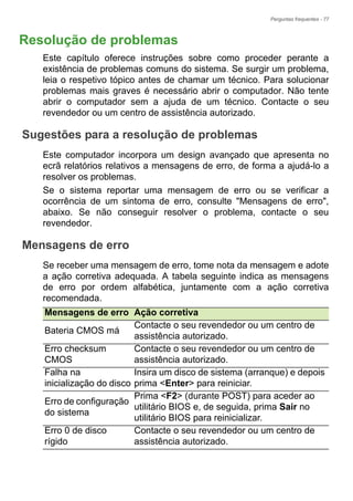 Perguntas frequentes - 77
Resolução de problemas
Este capítulo oferece instruções sobre como proceder perante a
existência de problemas comuns do sistema. Se surgir um problema,
leia o respetivo tópico antes de chamar um técnico. Para solucionar
problemas mais graves é necessário abrir o computador. Não tente
abrir o computador sem a ajuda de um técnico. Contacte o seu
revendedor ou um centro de assistência autorizado.
Sugestões para a resolução de problemas
Este computador incorpora um design avançado que apresenta no
ecrã relatórios relativos a mensagens de erro, de forma a ajudá-lo a
resolver os problemas.
Se o sistema reportar uma mensagem de erro ou se verificar a
ocorrência de um sintoma de erro, consulte "Mensagens de erro",
abaixo. Se não conseguir resolver o problema, contacte o seu
revendedor.
Mensagens de erro
Se receber uma mensagem de erro, tome nota da mensagem e adote
a ação corretiva adequada. A tabela seguinte indica as mensagens
de erro por ordem alfabética, juntamente com a ação corretiva
recomendada.
Mensagens de erro Ação corretiva
Bateria CMOS má
Contacte o seu revendedor ou um centro de
assistência autorizado.
Erro checksum
CMOS
Contacte o seu revendedor ou um centro de
assistência autorizado.
Falha na
inicialização do disco
Insira um disco de sistema (arranque) e depois
prima <Enter> para reiniciar.
Erro de configuração
do sistema
Prima <F2> (durante POST) para aceder ao
utilitário BIOS e, de seguida, prima Sair no
utilitário BIOS para reinicializar.
Erro 0 de disco
rígido
Contacte o seu revendedor ou um centro de
assistência autorizado.
PERGUNTAS
 